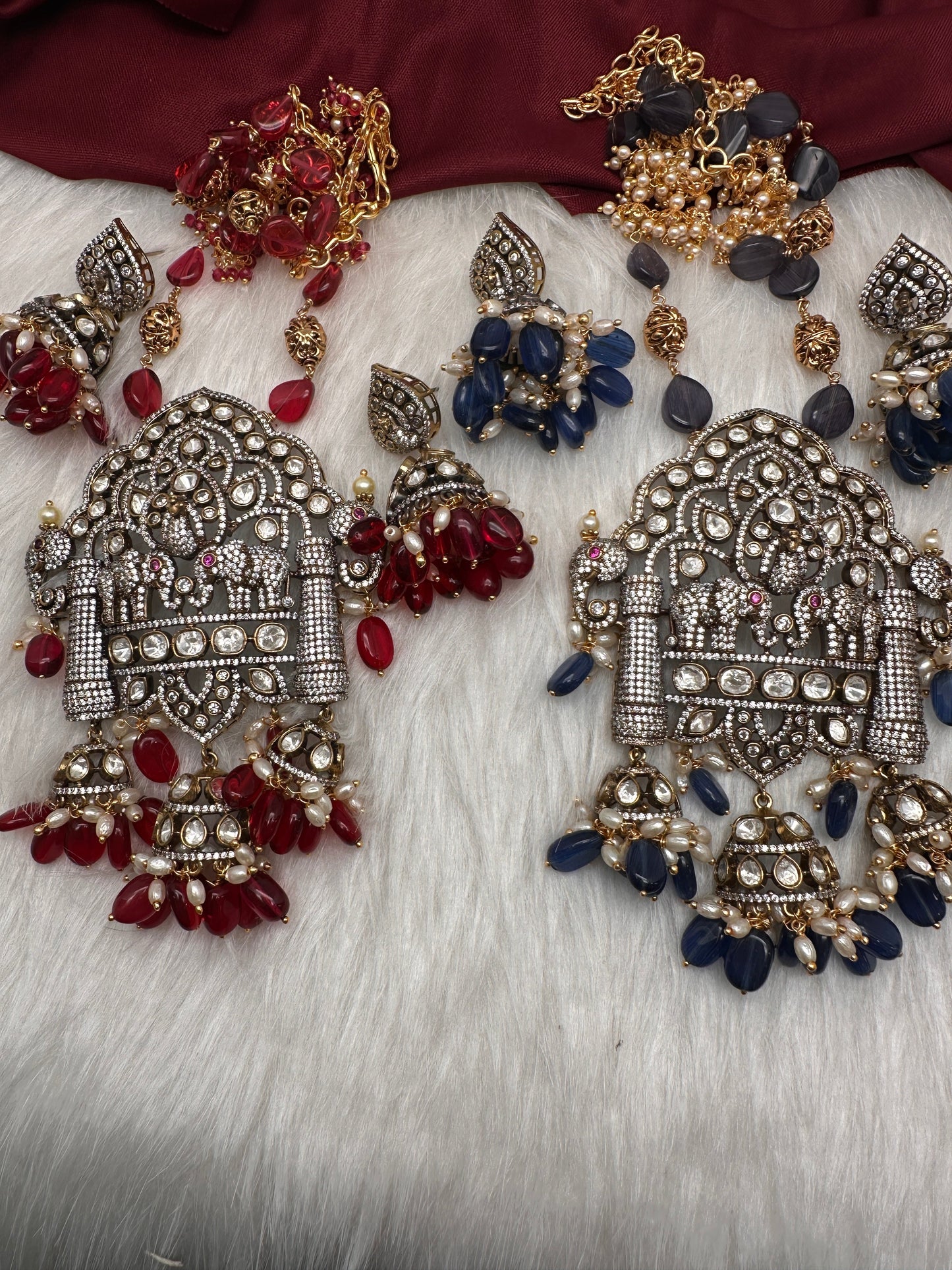 AD Moissnaite Elephant Peacock Beads Long Color Stone Necklace - Red