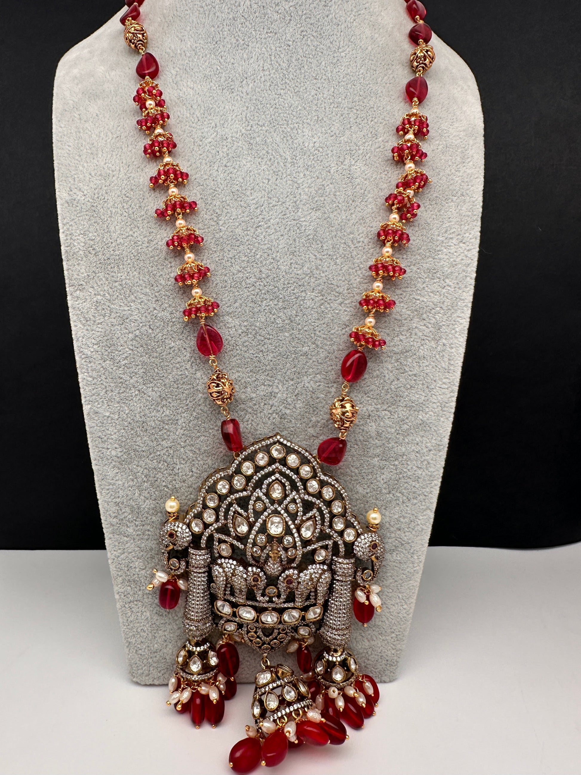 AD Moissnaite Elephant Peacock Beads Long Color Stone Necklace - Red