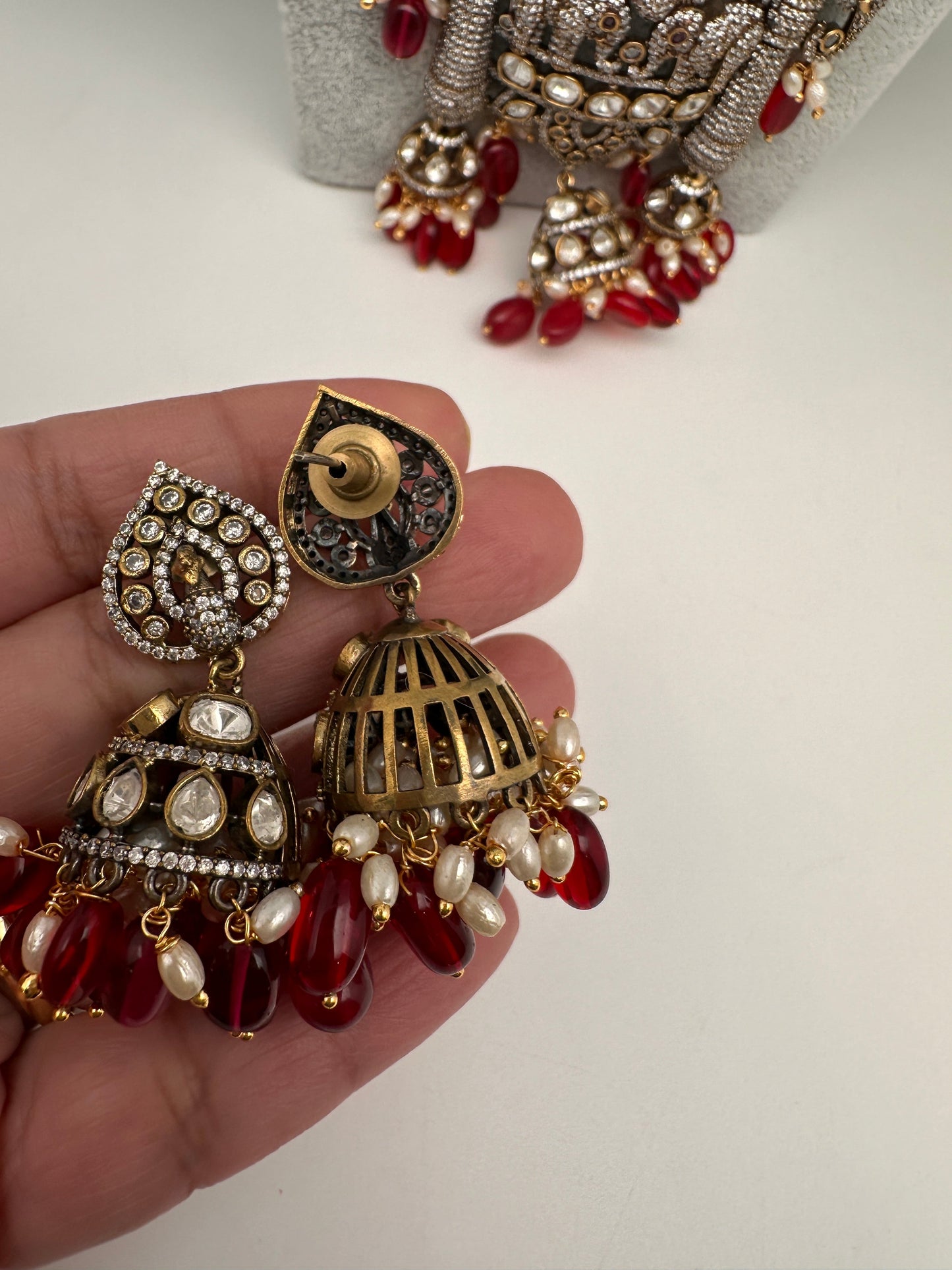 AD Moissnaite Elephant Peacock Beads Long Color Stone Necklace - Red