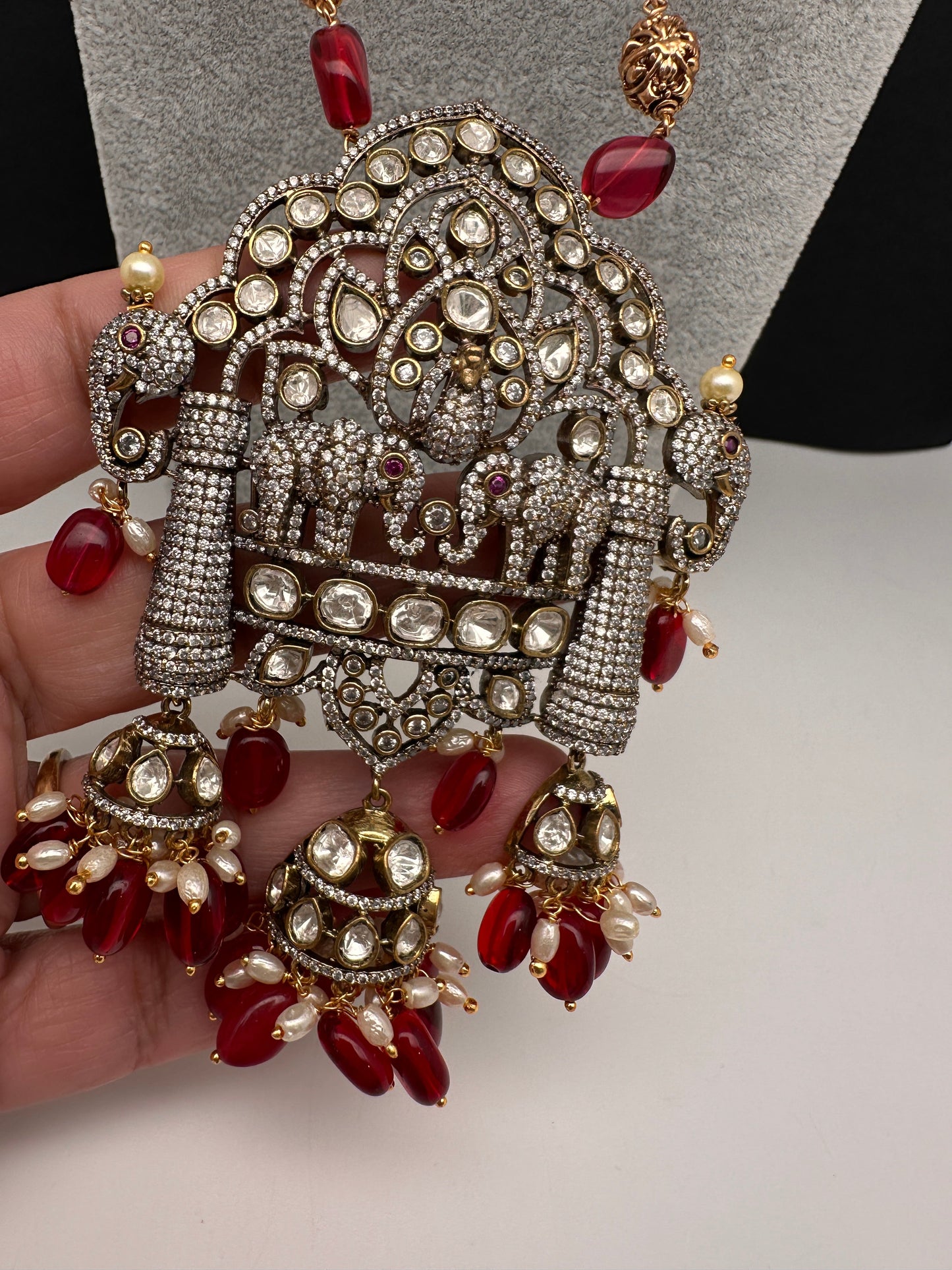 AD Moissnaite Elephant Peacock Beads Long Color Stone Necklace - Red