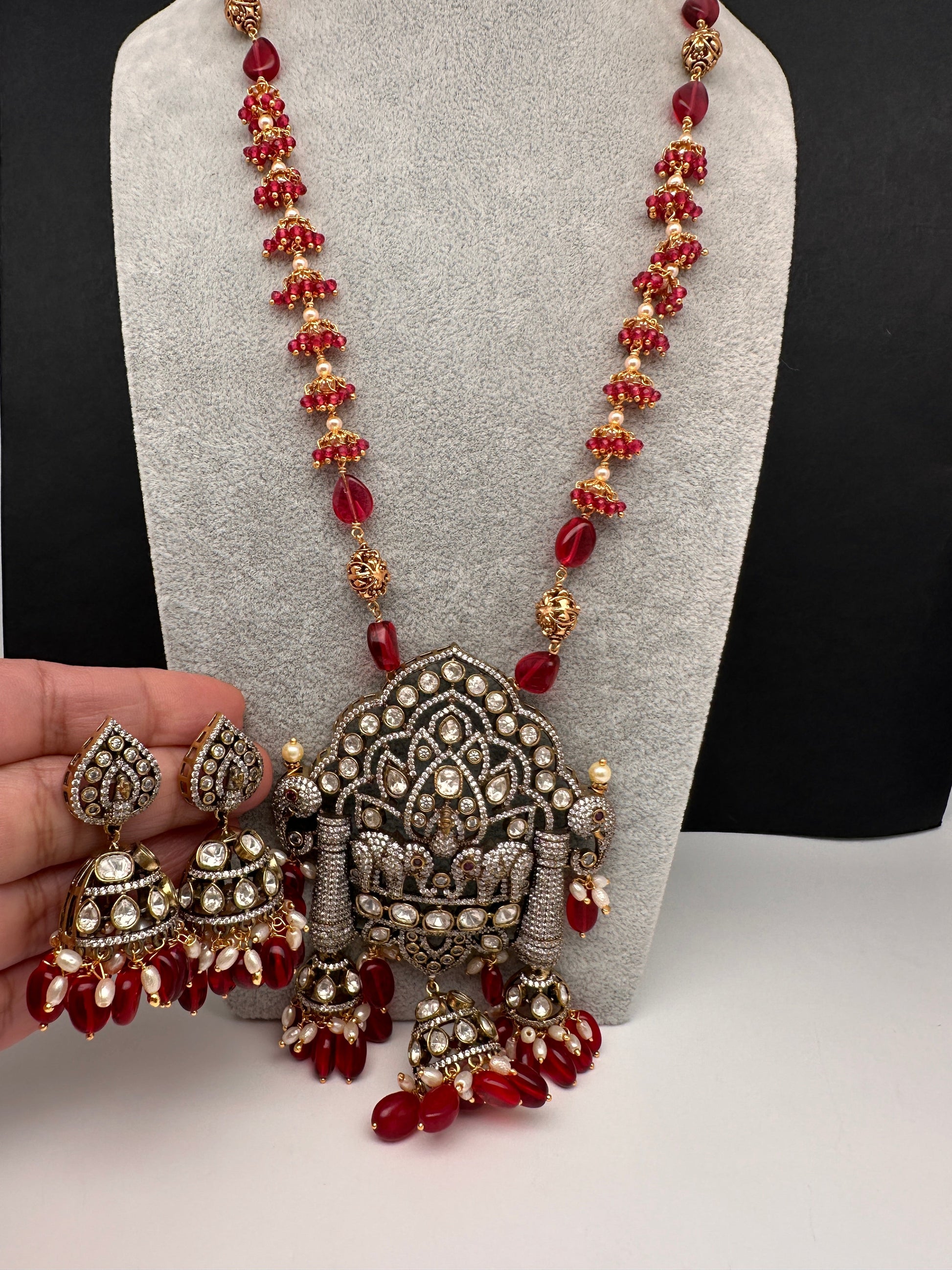 AD Moissnaite Elephant Peacock Beads Long Color Stone Necklace - Red