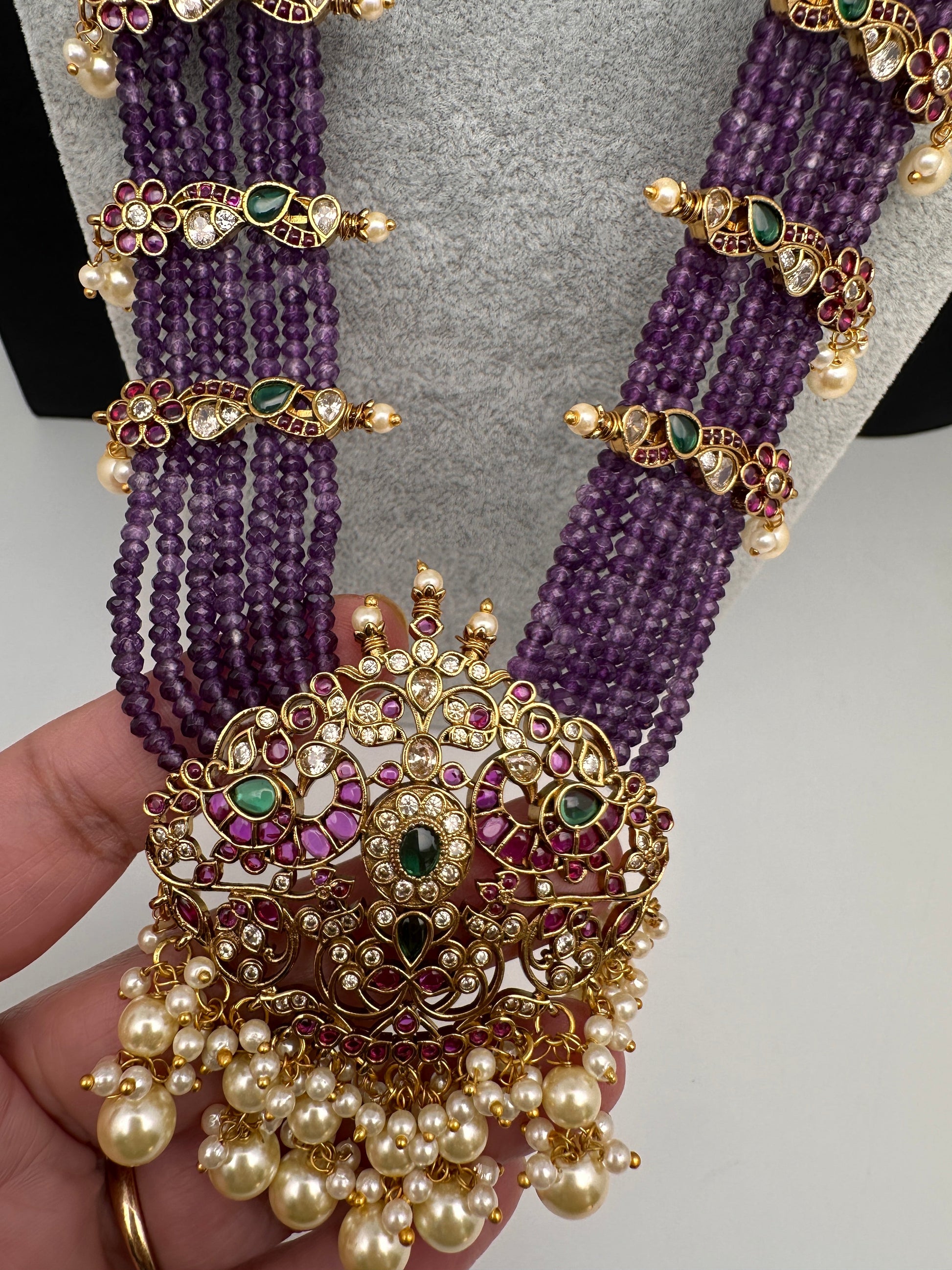 Kempu Mayura Beads Color Stone Necklace - Purple