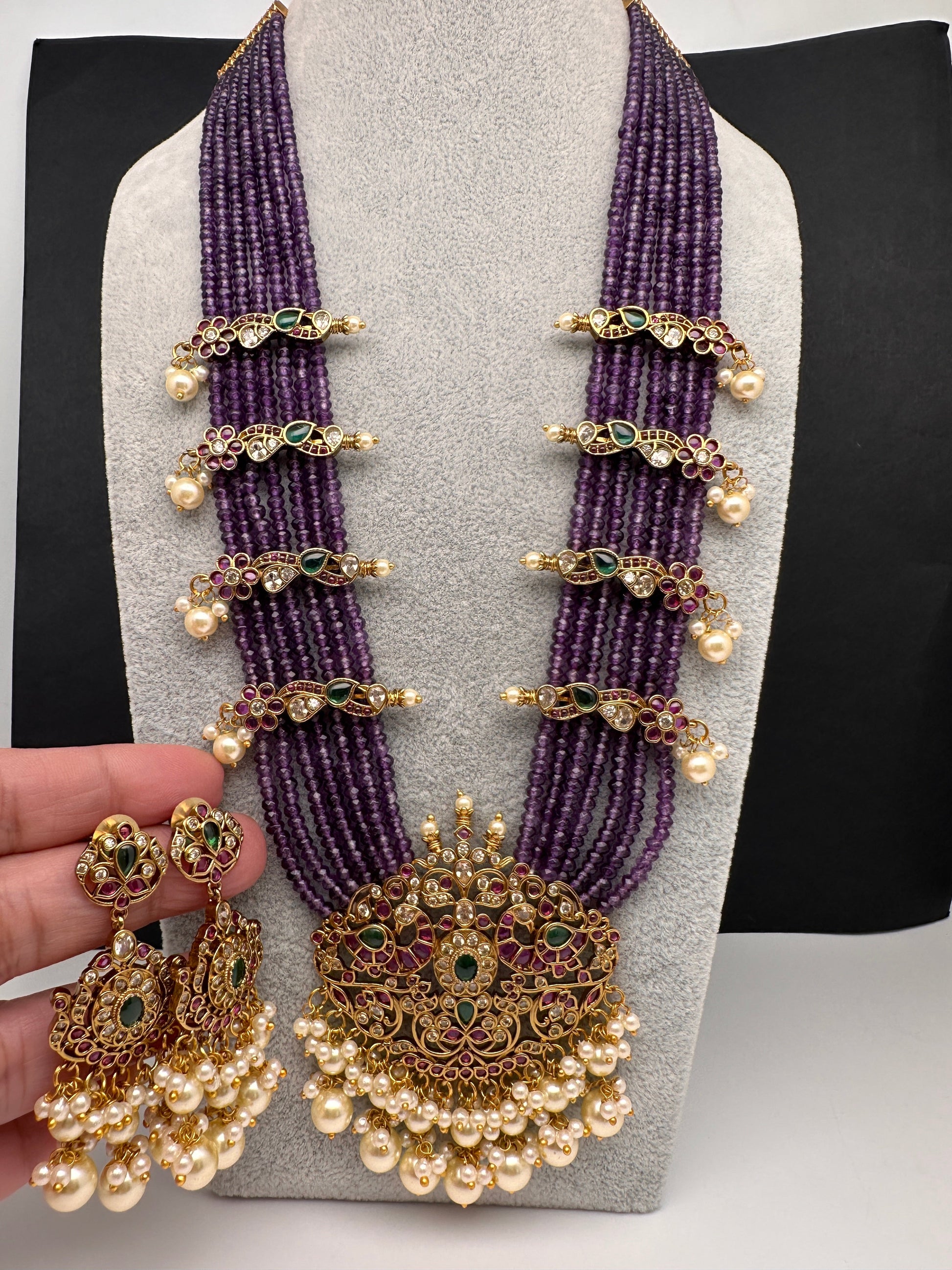 Kempu Mayura Beads Color Stone Necklace - Purple