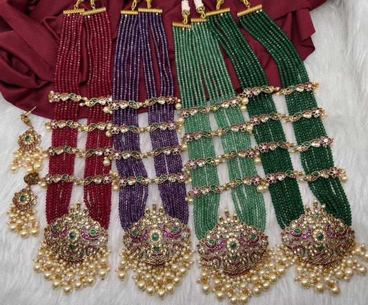Kempu Mayura Beads Color Stone Necklace - Red