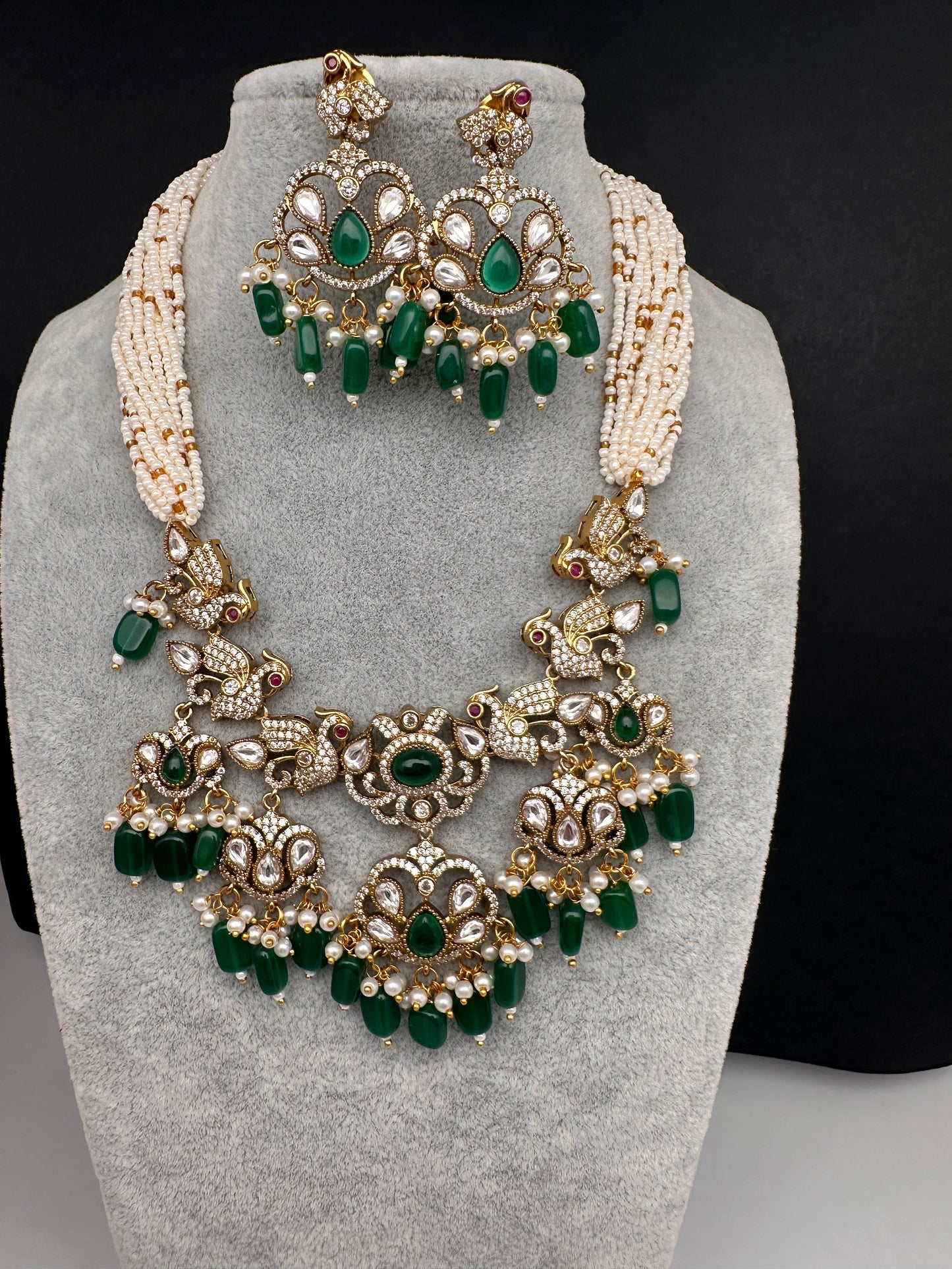Kundan Peacock Pearls Beads Color Stone Necklace - Green
