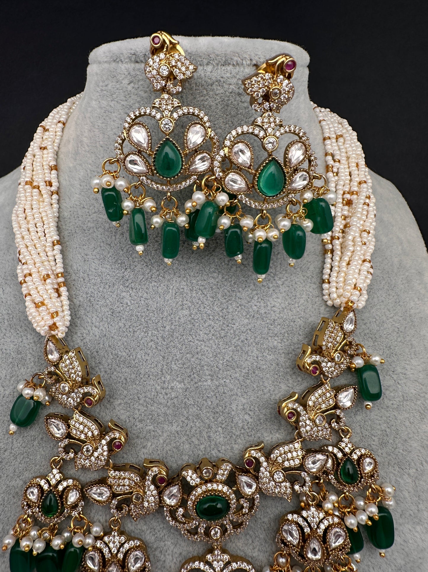 Kundan Peacock Pearls Beads Color Stone Necklace - Green