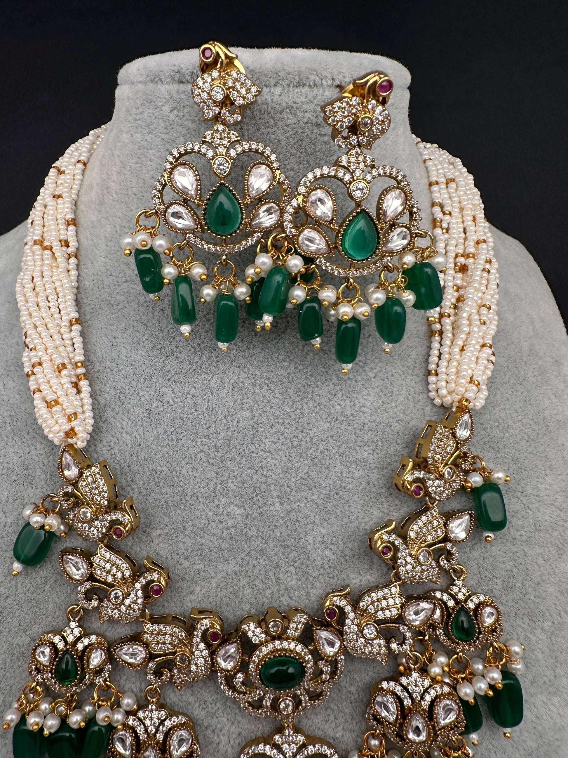 Kundan Peacock Pearls Beads Color Stone Necklace - Green