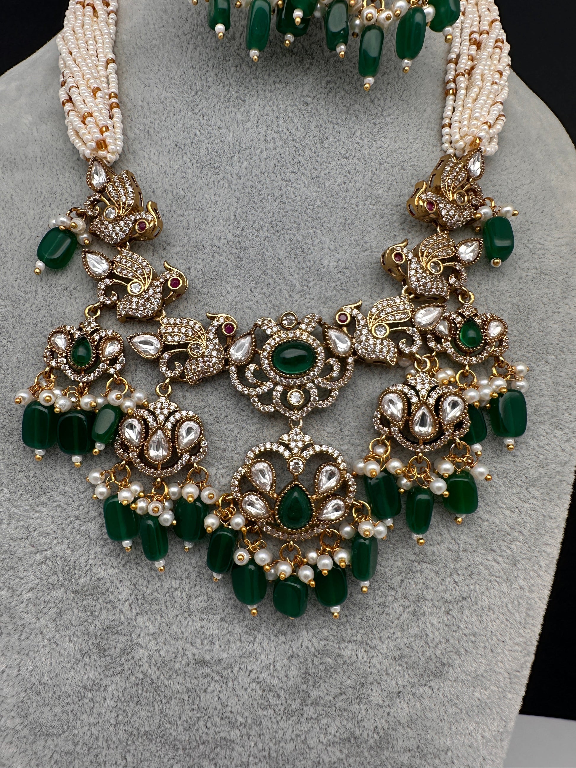 Kundan Peacock Pearls Beads Color Stone Necklace - Green