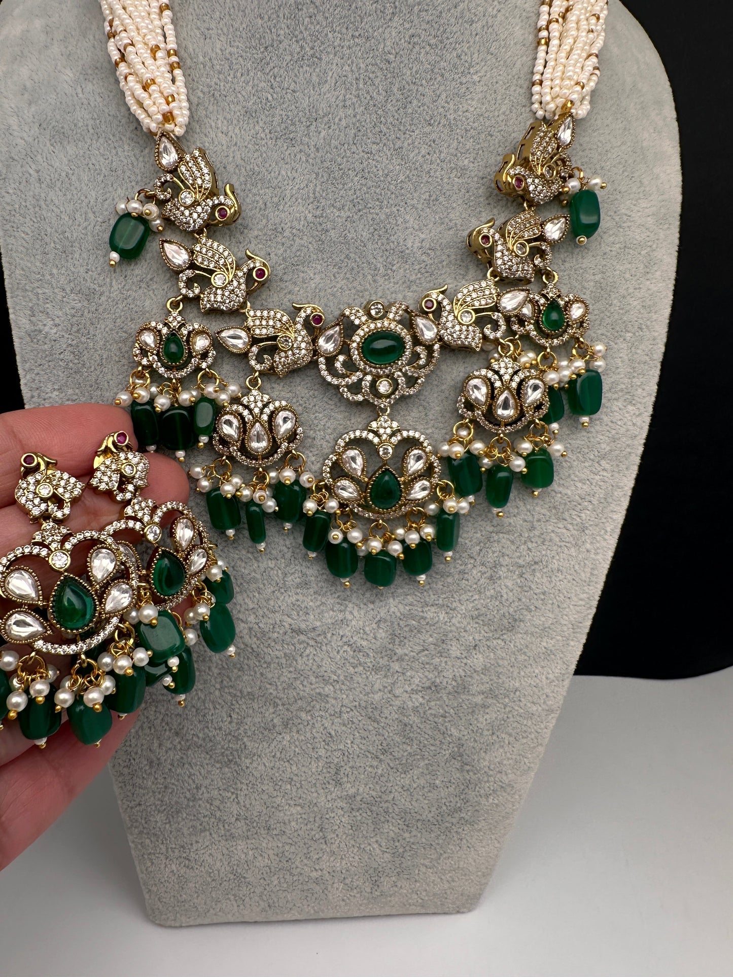 Kundan Peacock Pearls Beads Color Stone Necklace - Green