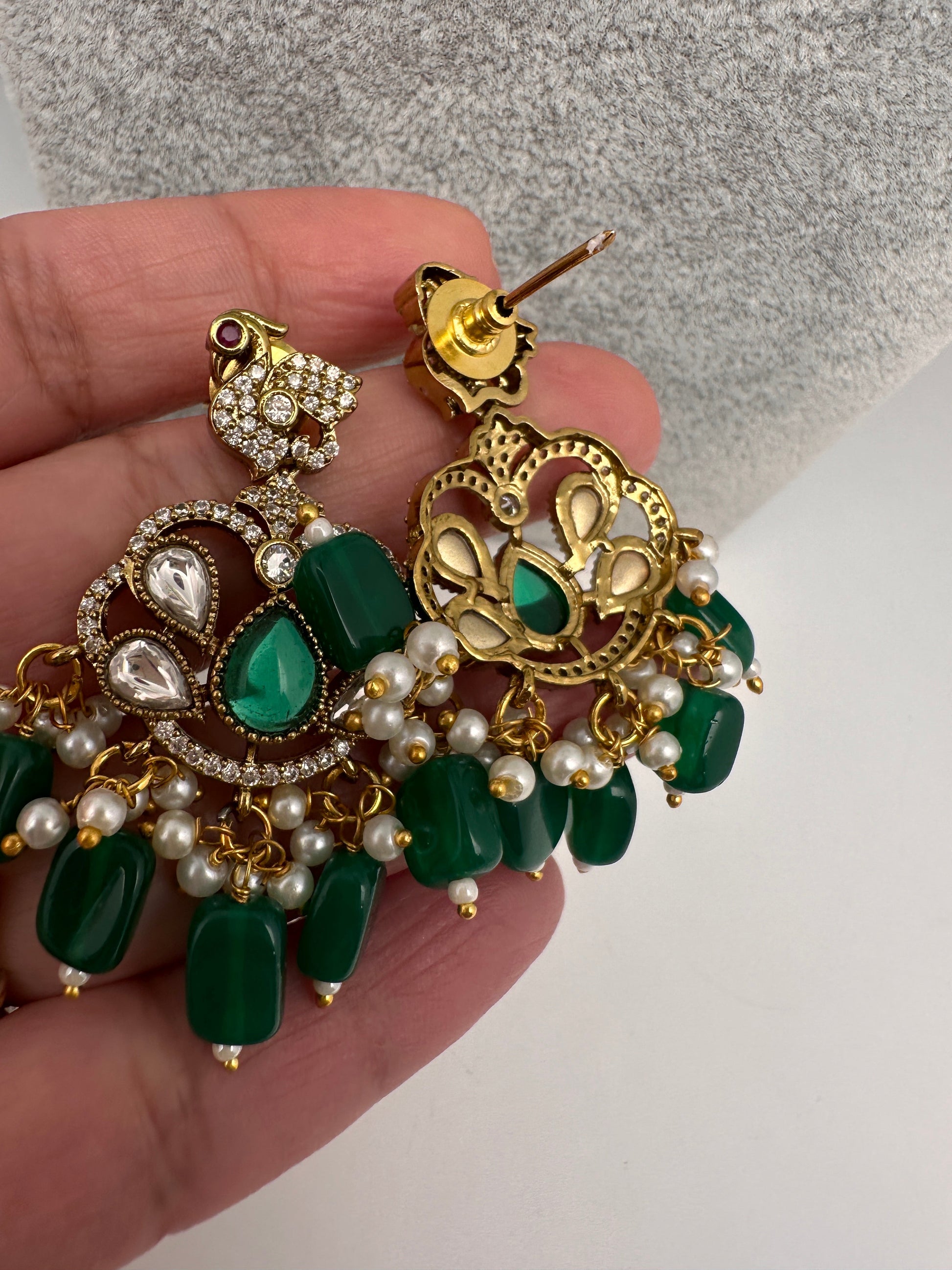 Kundan Peacock Pearls Beads Color Stone Necklace - Green