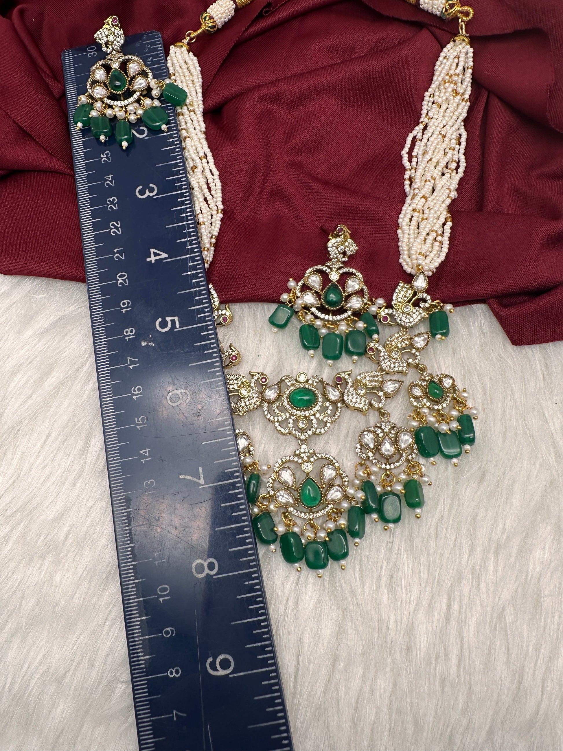 Kundan Peacock Pearls Beads Color Stone Necklace - Green
