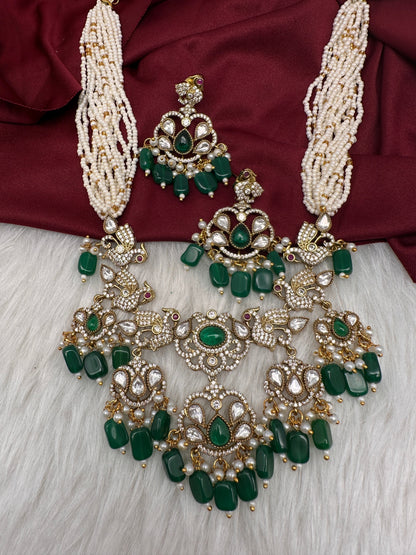 Kundan Peacock Pearls Beads Color Stone Necklace - Green