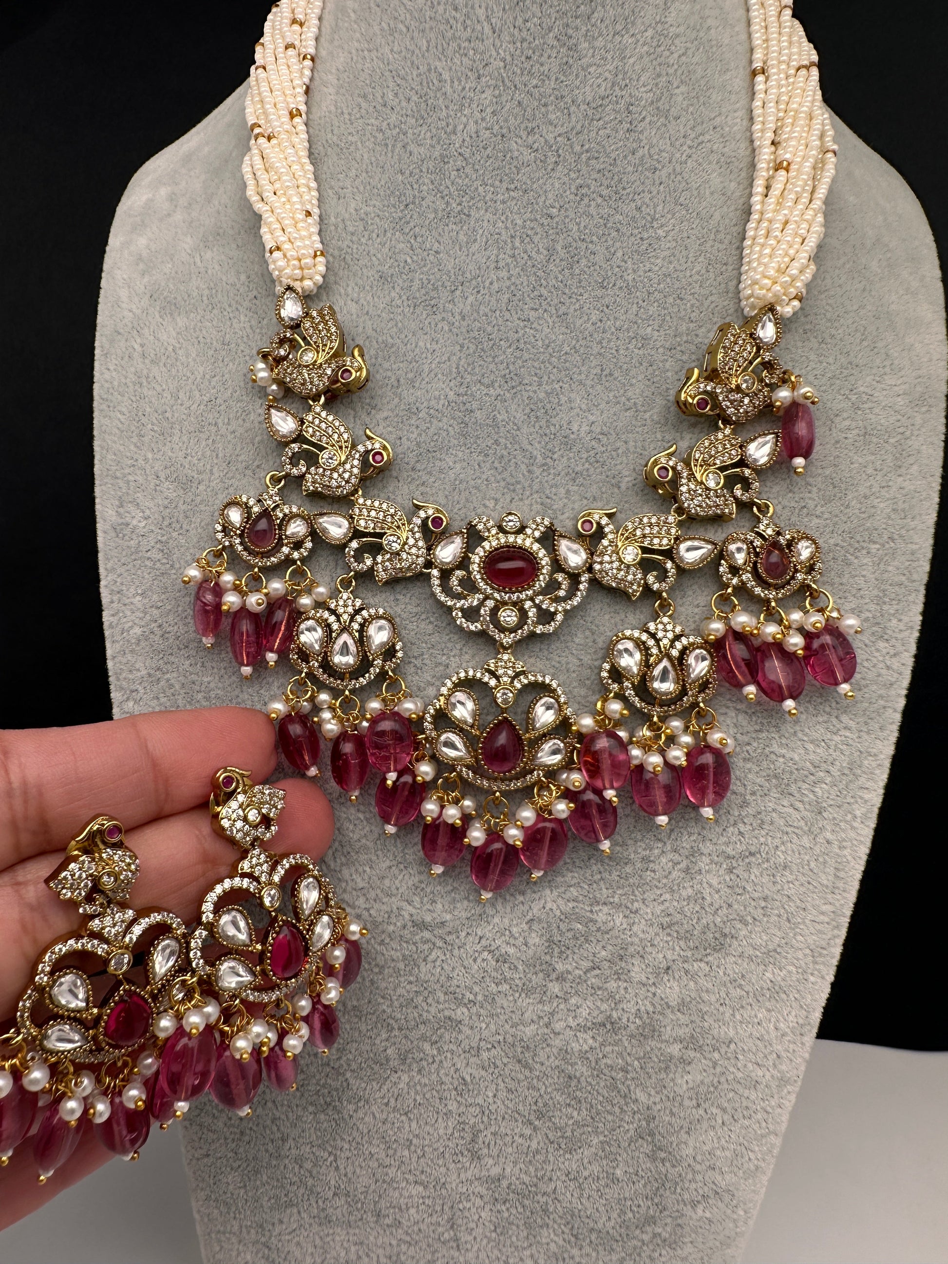 Kundan Peacock Pearls Beads Color Stone Necklace - Pink
