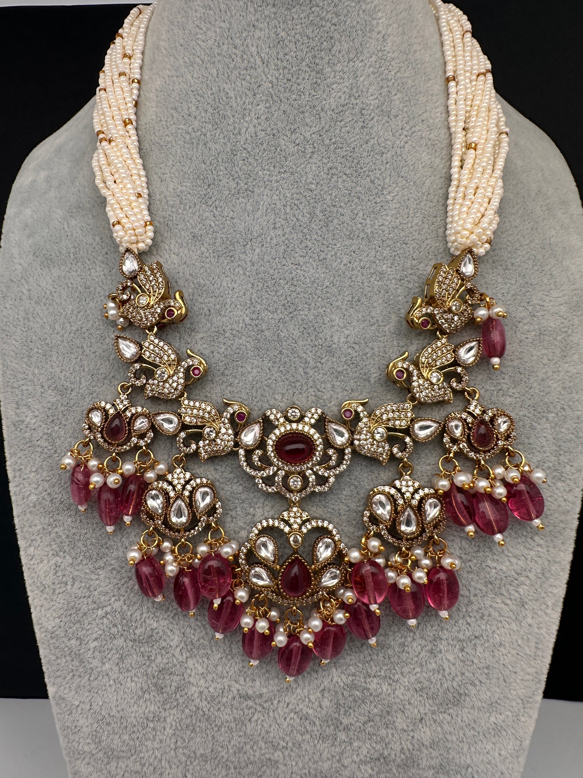 Kundan Peacock Pearls Beads Color Stone Necklace - Pink