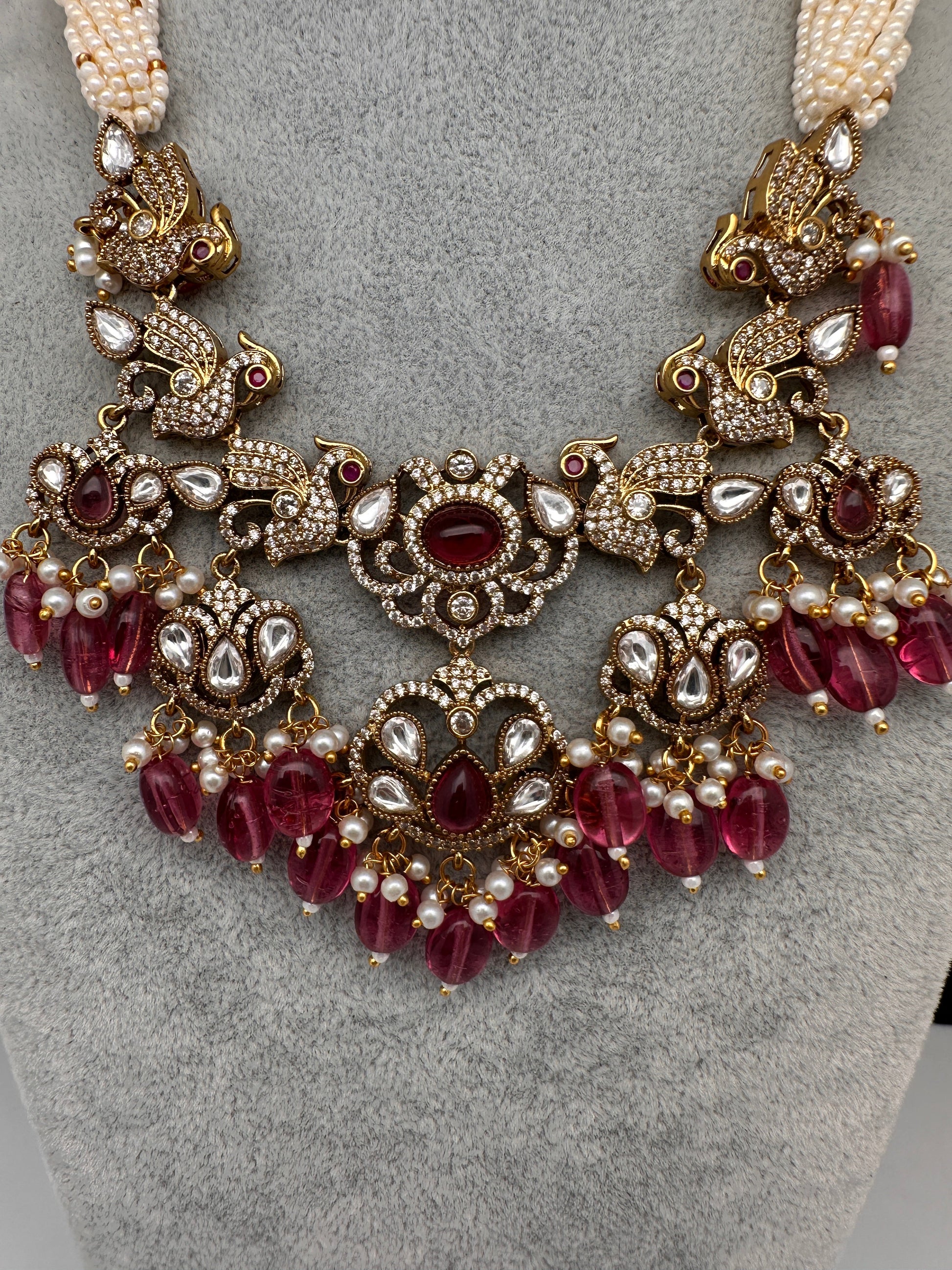 Kundan Peacock Pearls Beads Color Stone Necklace - Pink