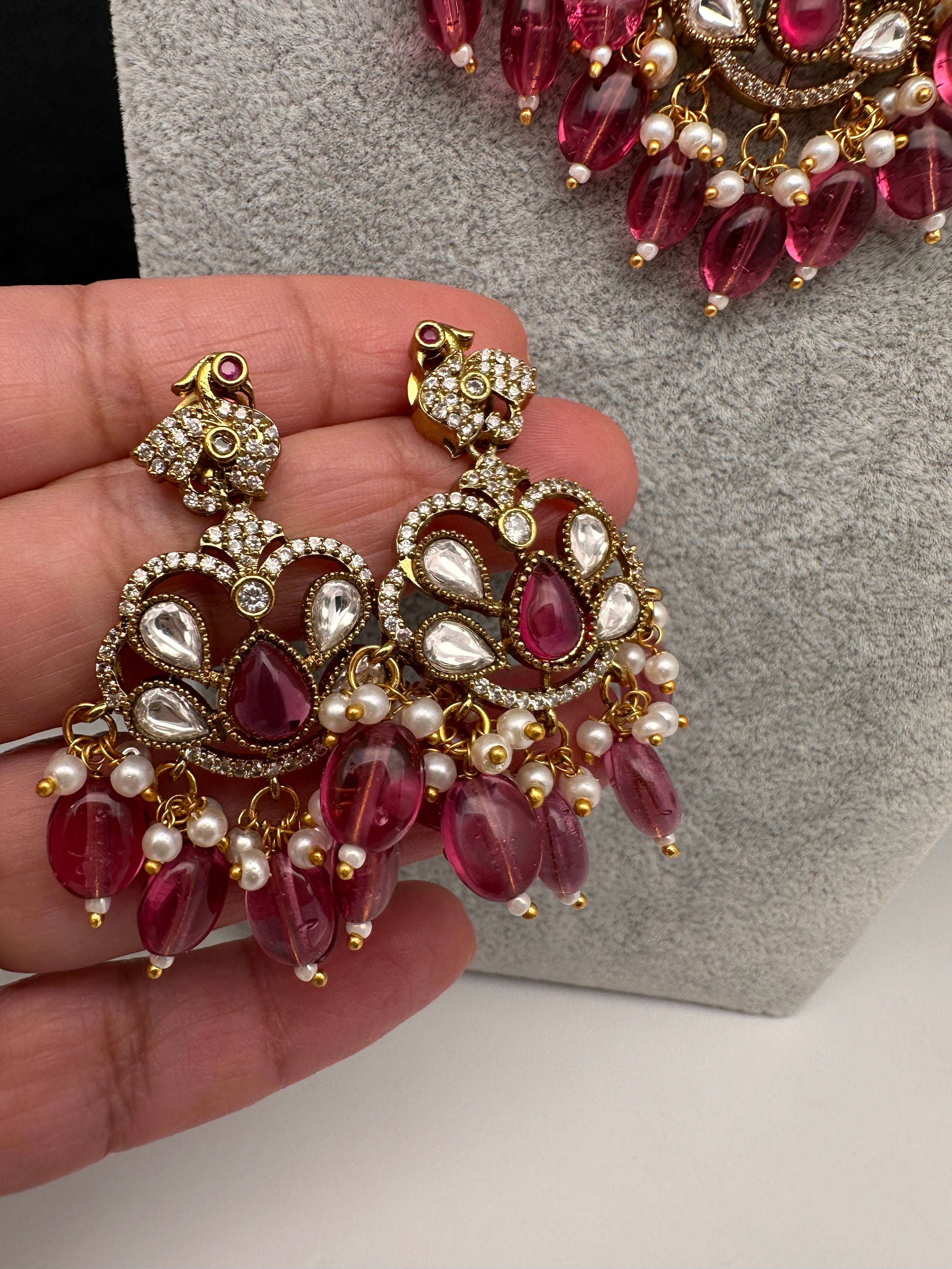 Kundan Peacock Pearls Beads Color Stone Necklace - Pink