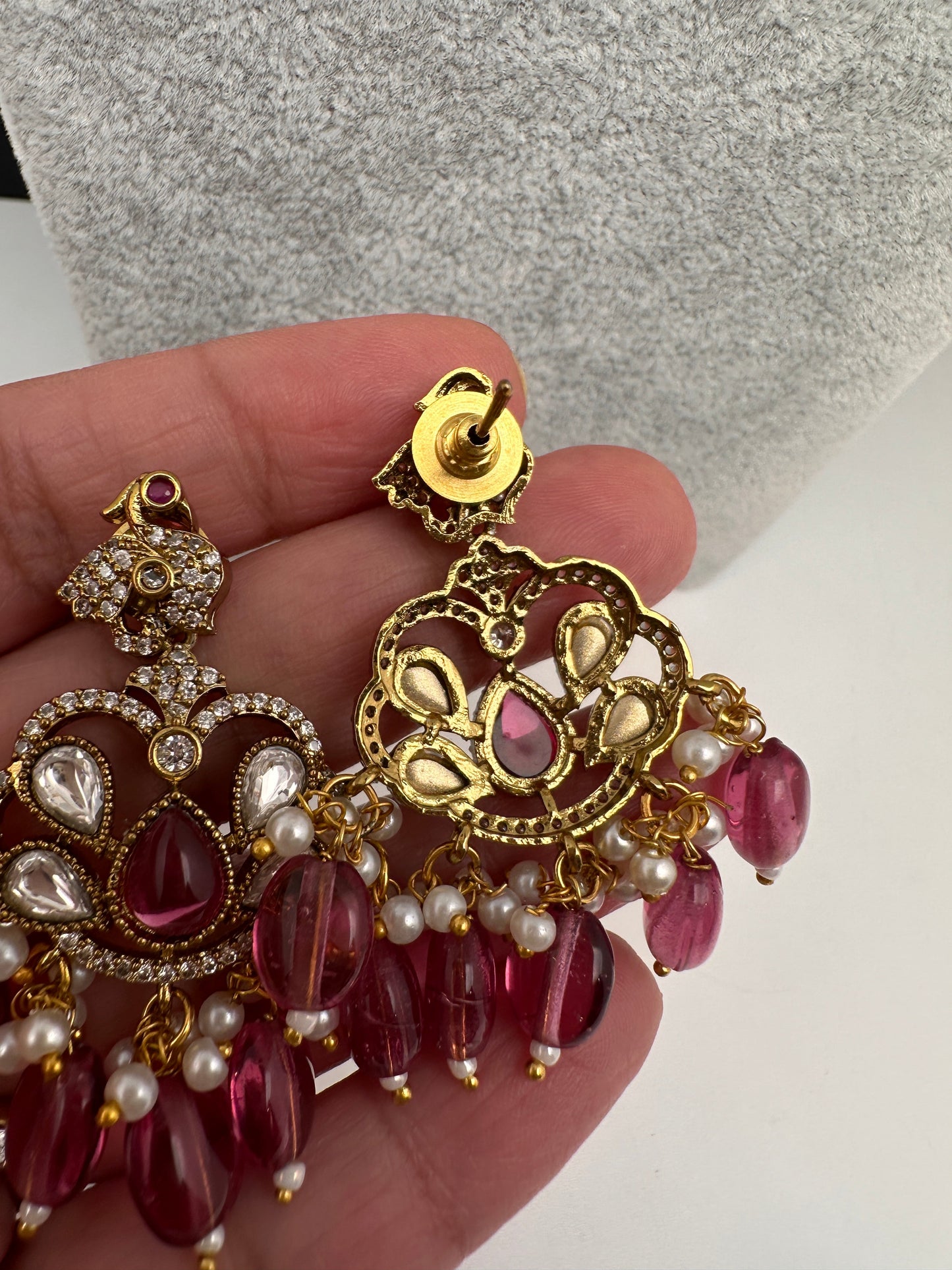 Kundan Peacock Pearls Beads Color Stone Necklace - Pink
