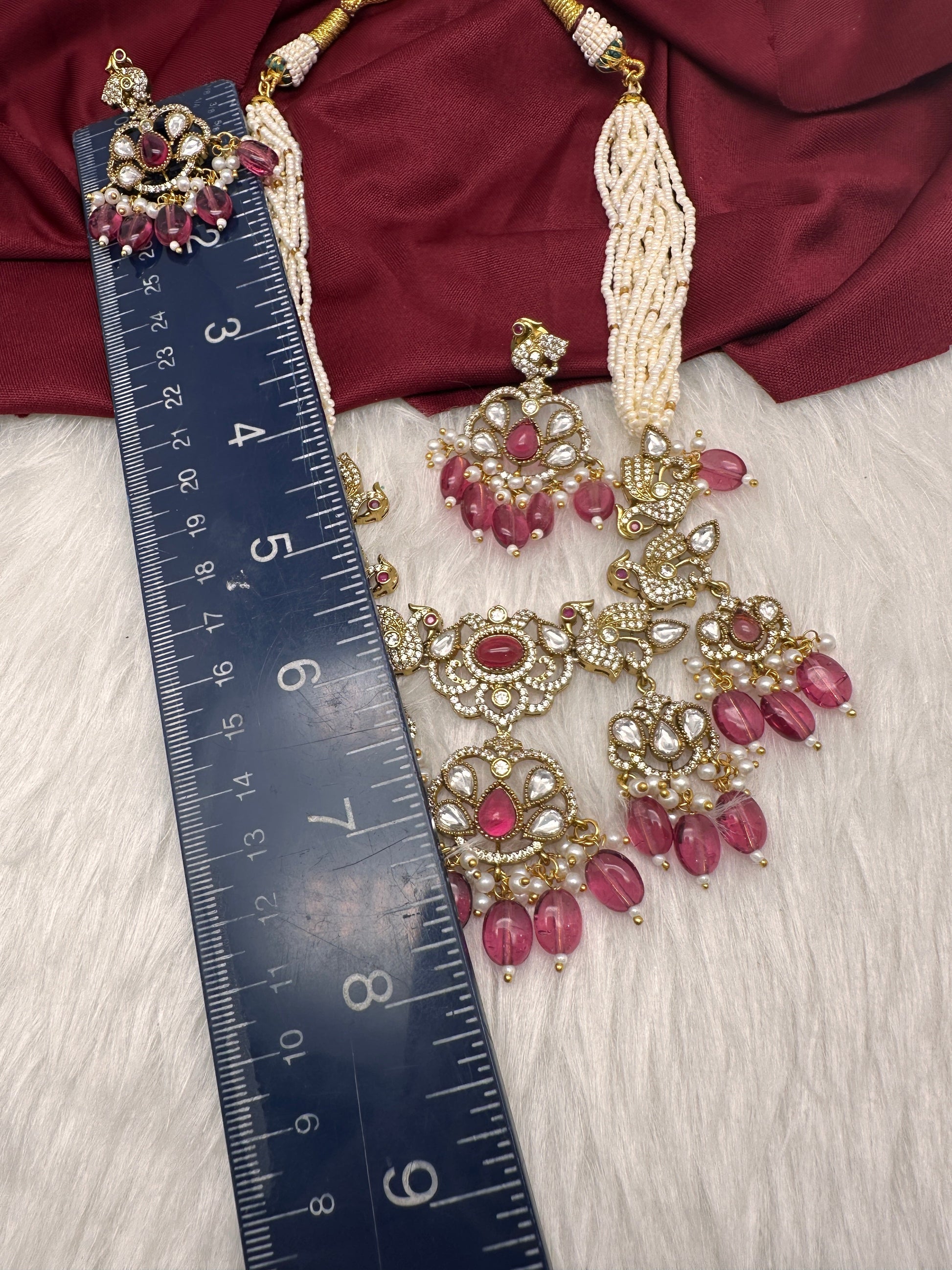 Kundan Peacock Pearls Beads Color Stone Necklace - Pink