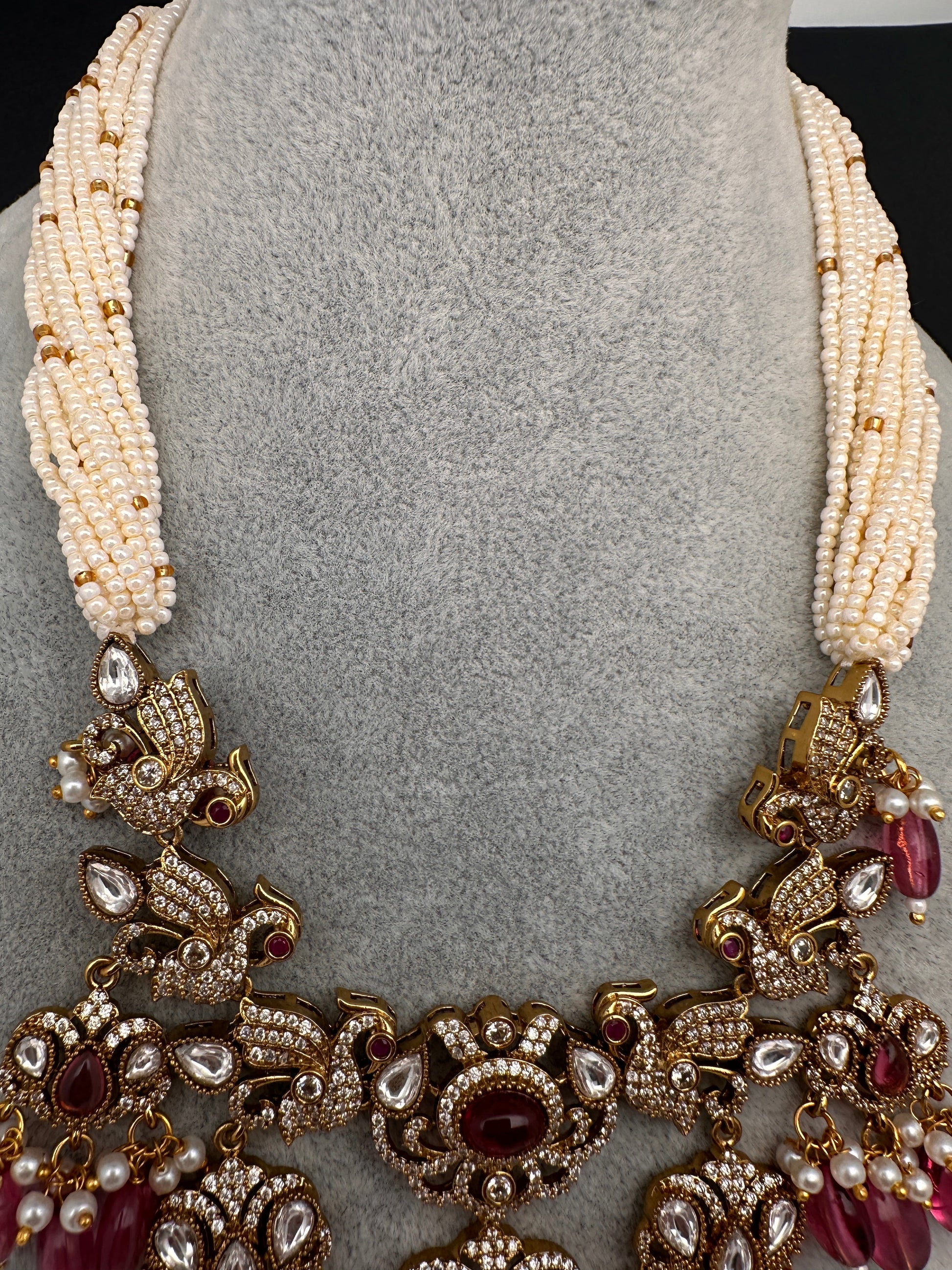 Kundan Peacock Pearls Beads Color Stone Necklace - Pink