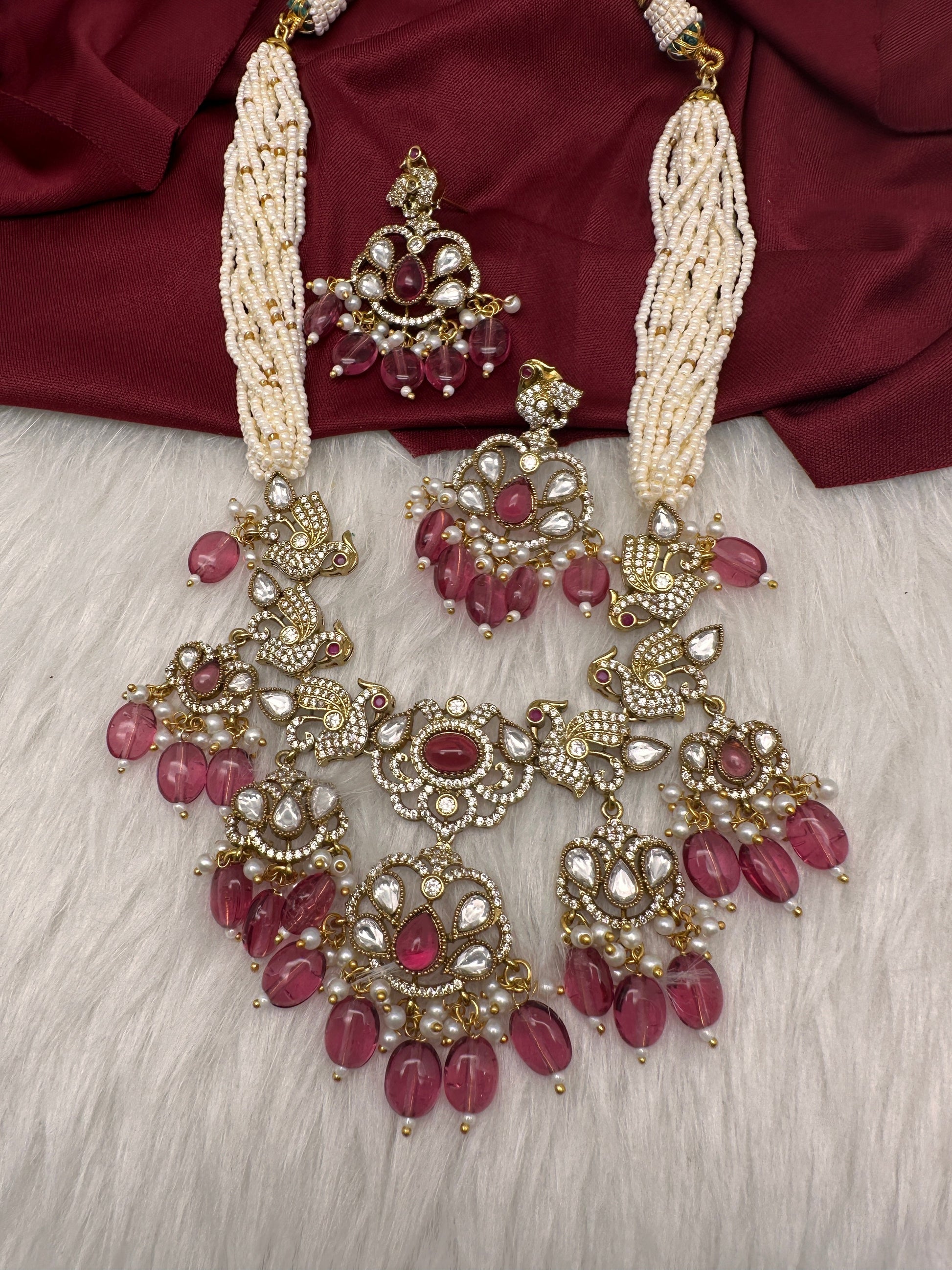 Kundan Peacock Pearls Beads Color Stone Necklace - Pink