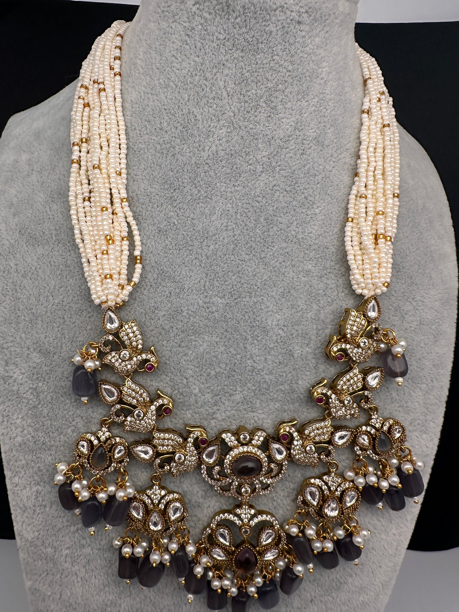 Kundan Peacock Pearls Beads Color Stone Necklace - Purple