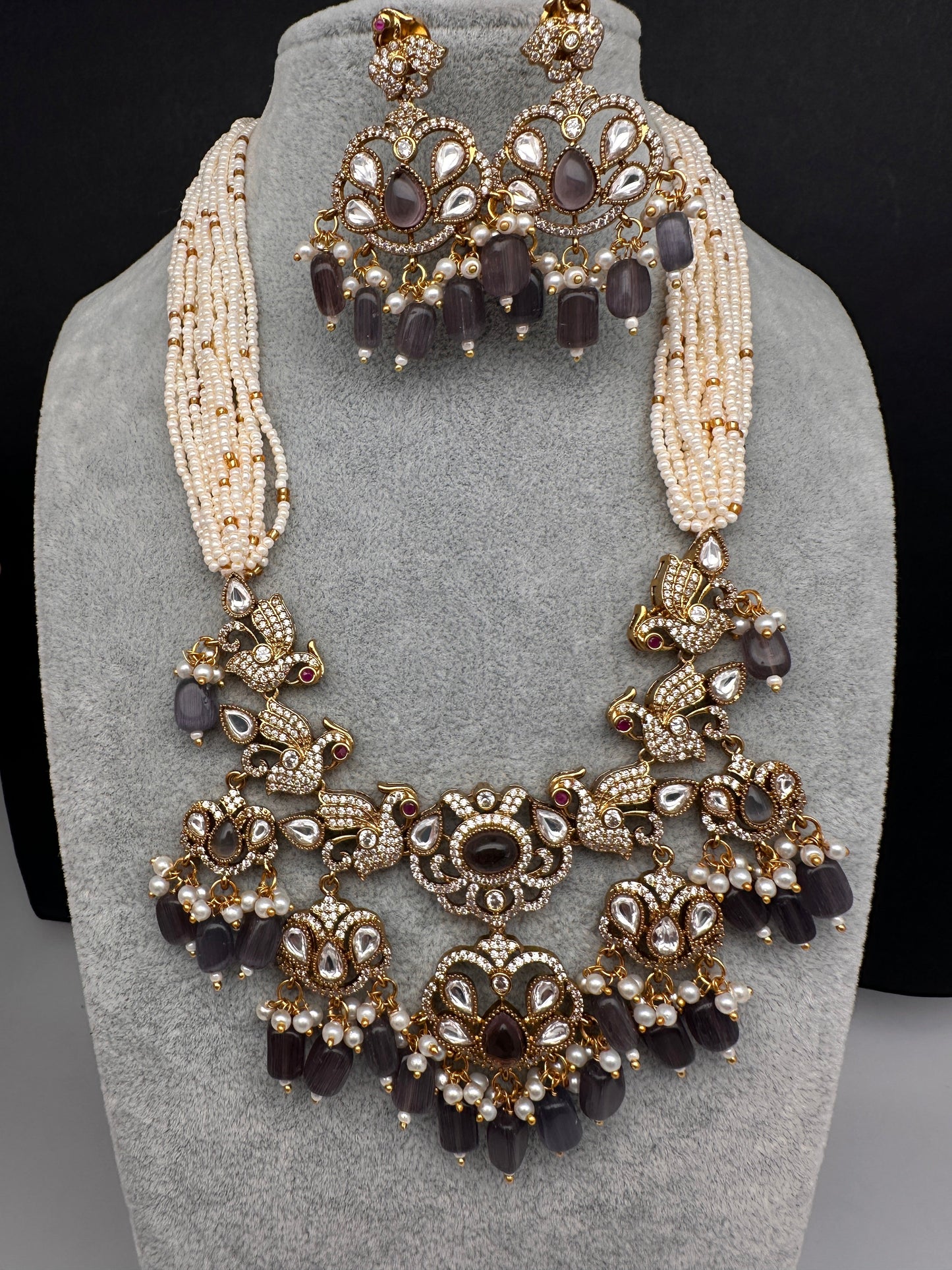 Kundan Peacock Pearls Beads Color Stone Necklace - Purple