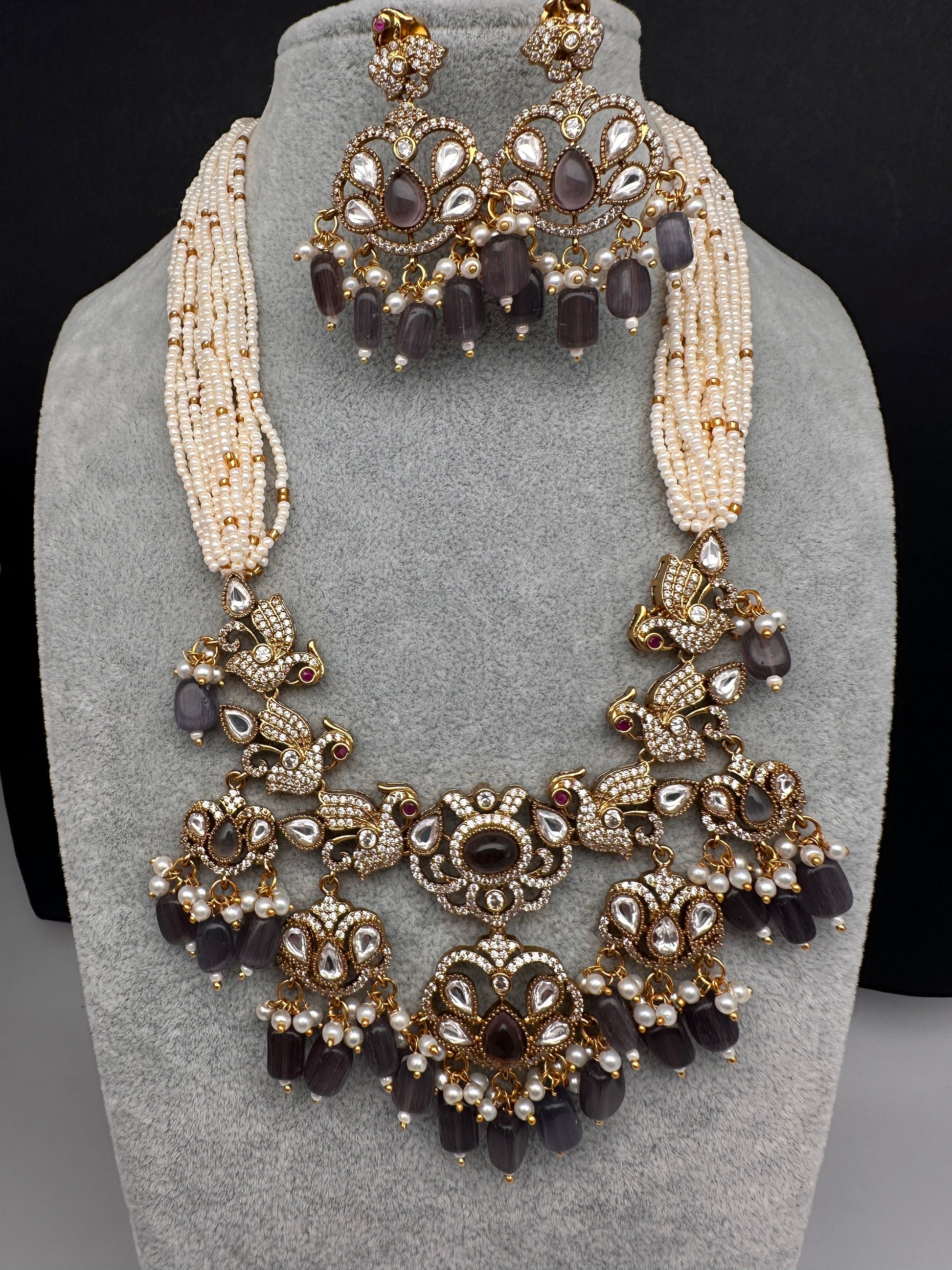 Kundan Peacock Pearls Beads Color Stone Necklace - Purple