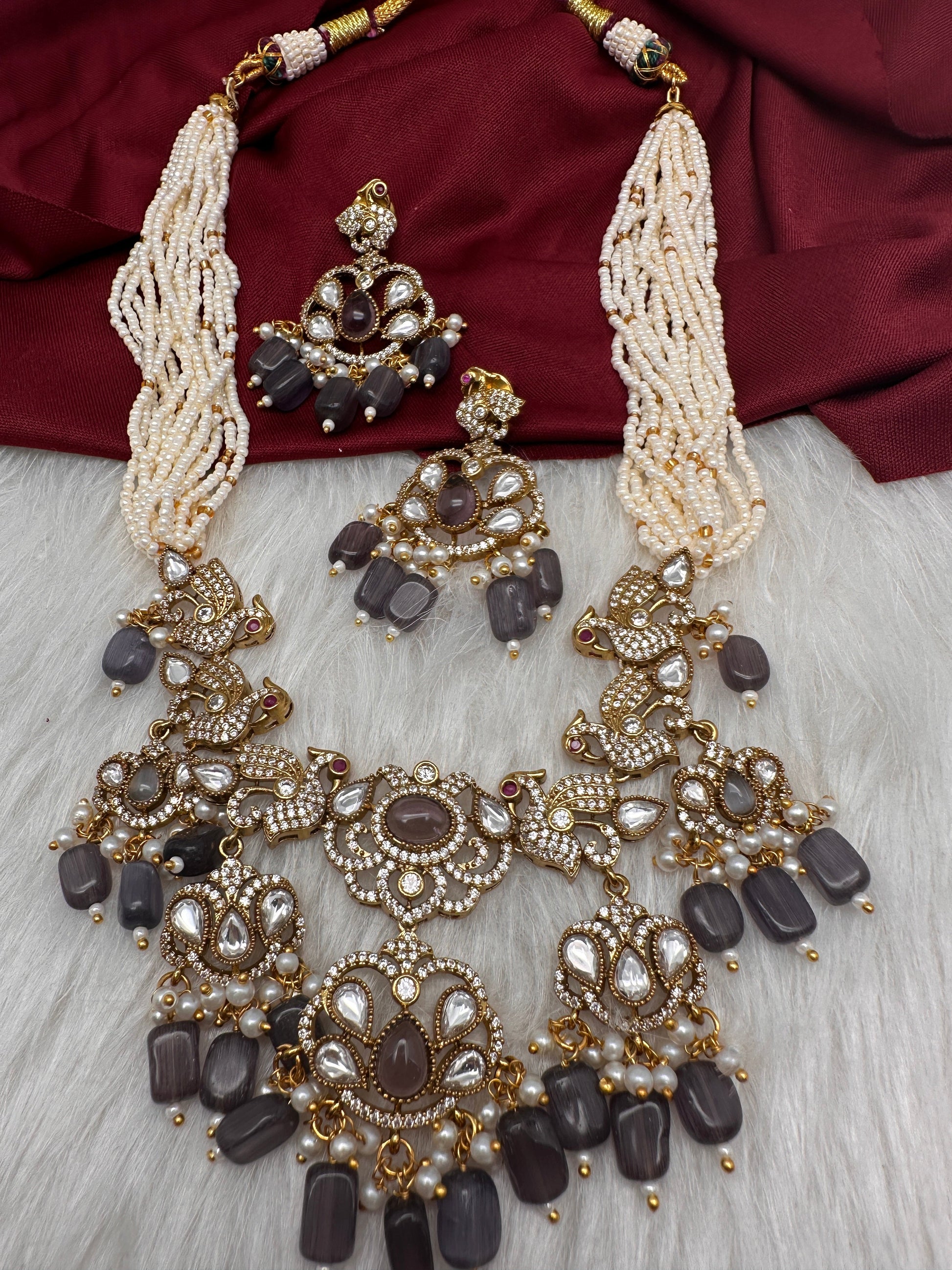 Kundan Peacock Pearls Beads Color Stone Necklace - Purple