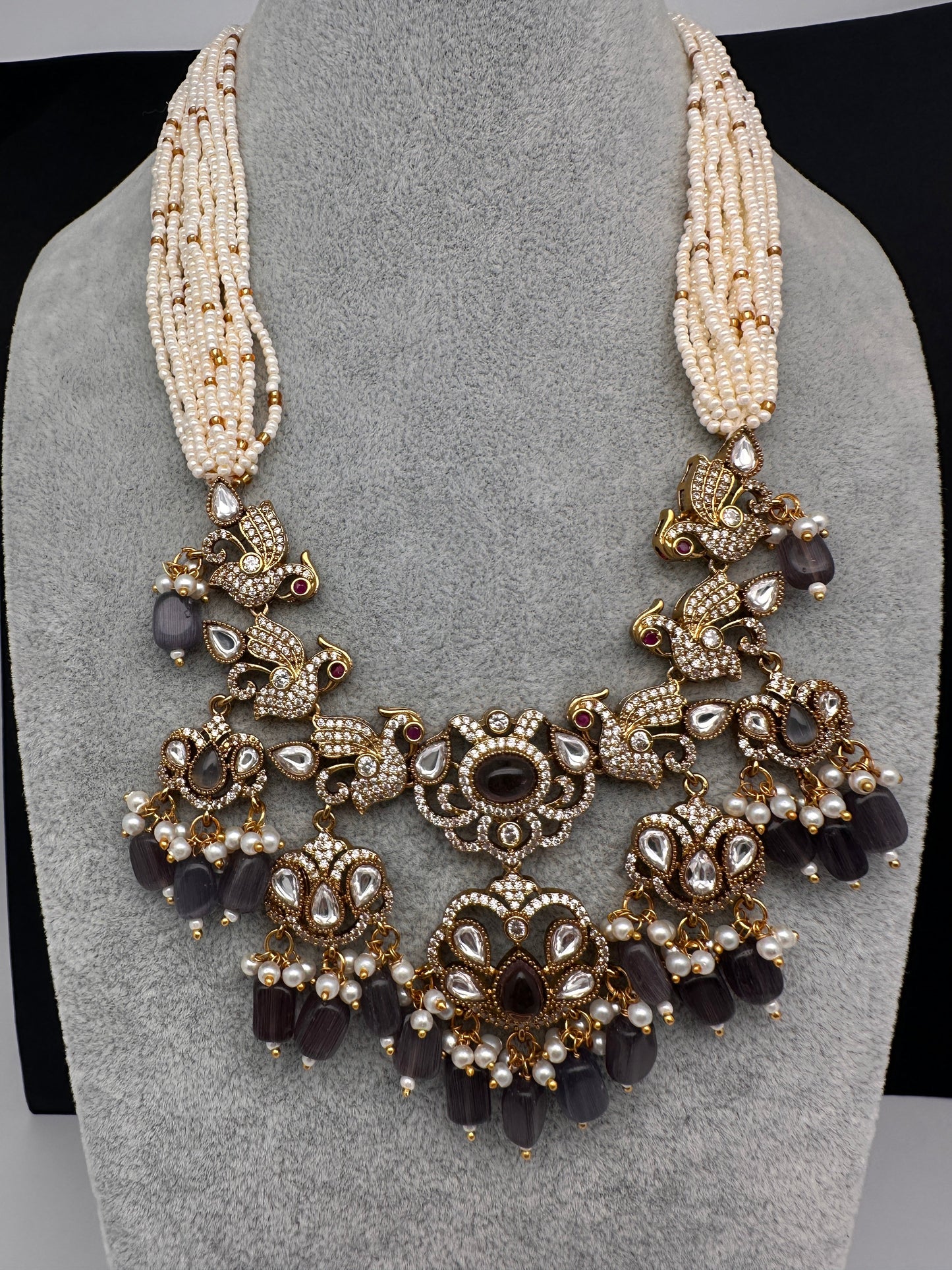 Kundan Peacock Pearls Beads Color Stone Necklace - Purple