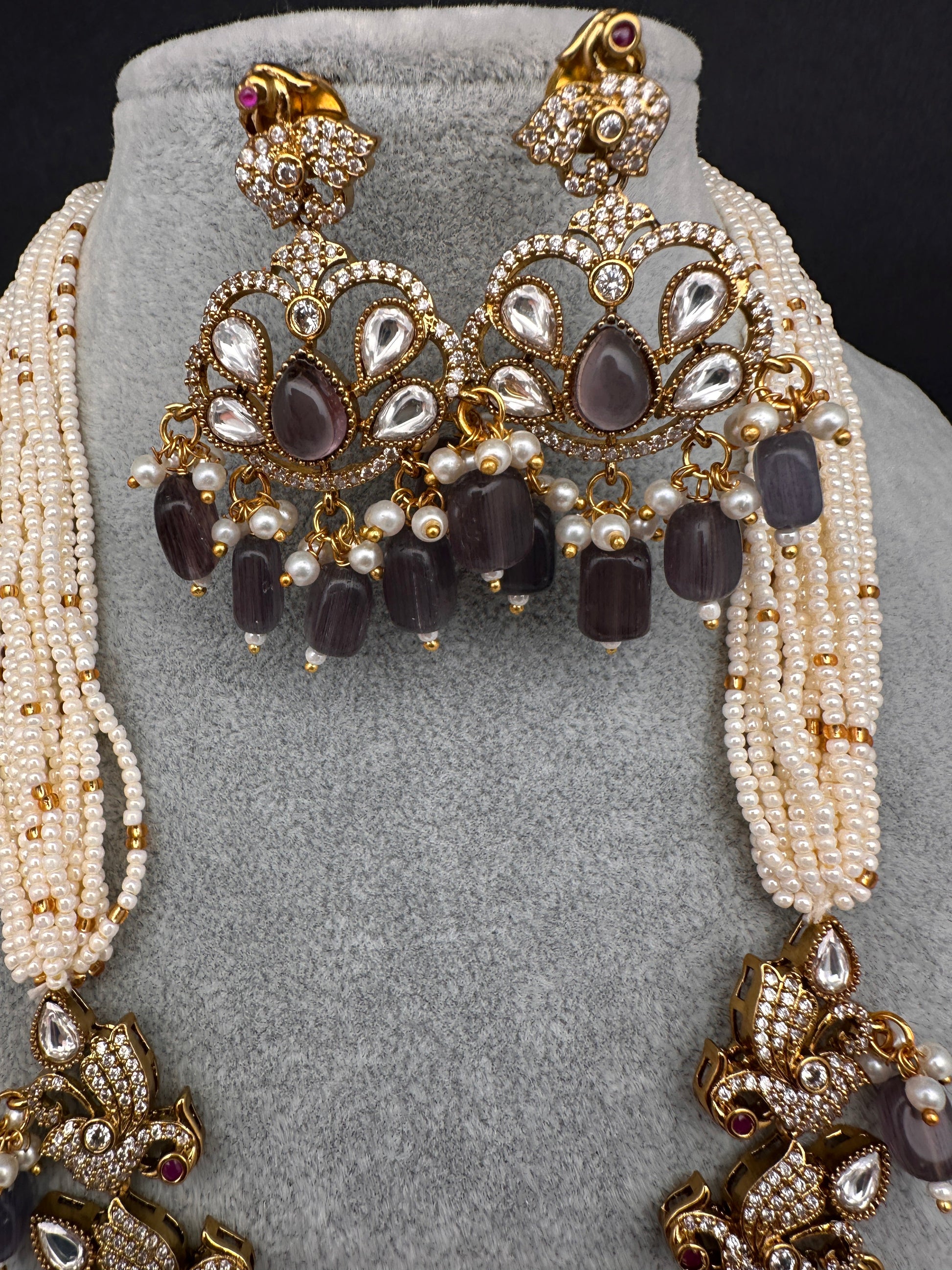 Kundan Peacock Pearls Beads Color Stone Necklace - Purple