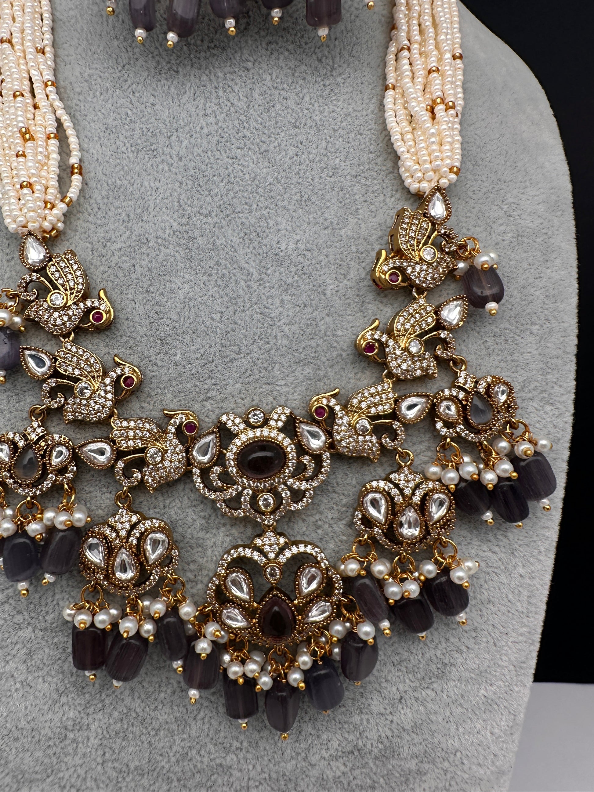 Kundan Peacock Pearls Beads Color Stone Necklace - Purple