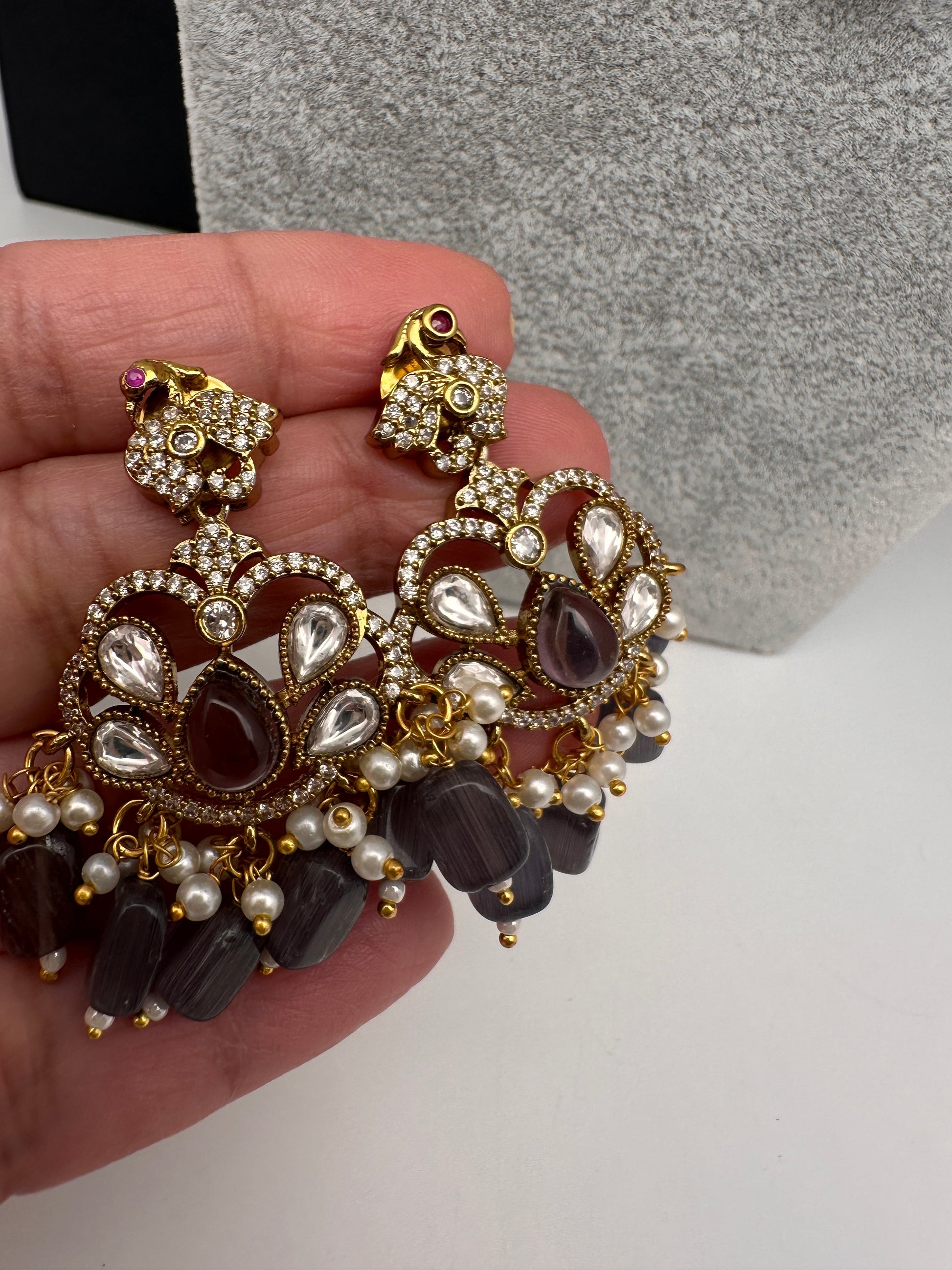 Kundan Peacock Pearls Beads Color Stone Necklace - Purple