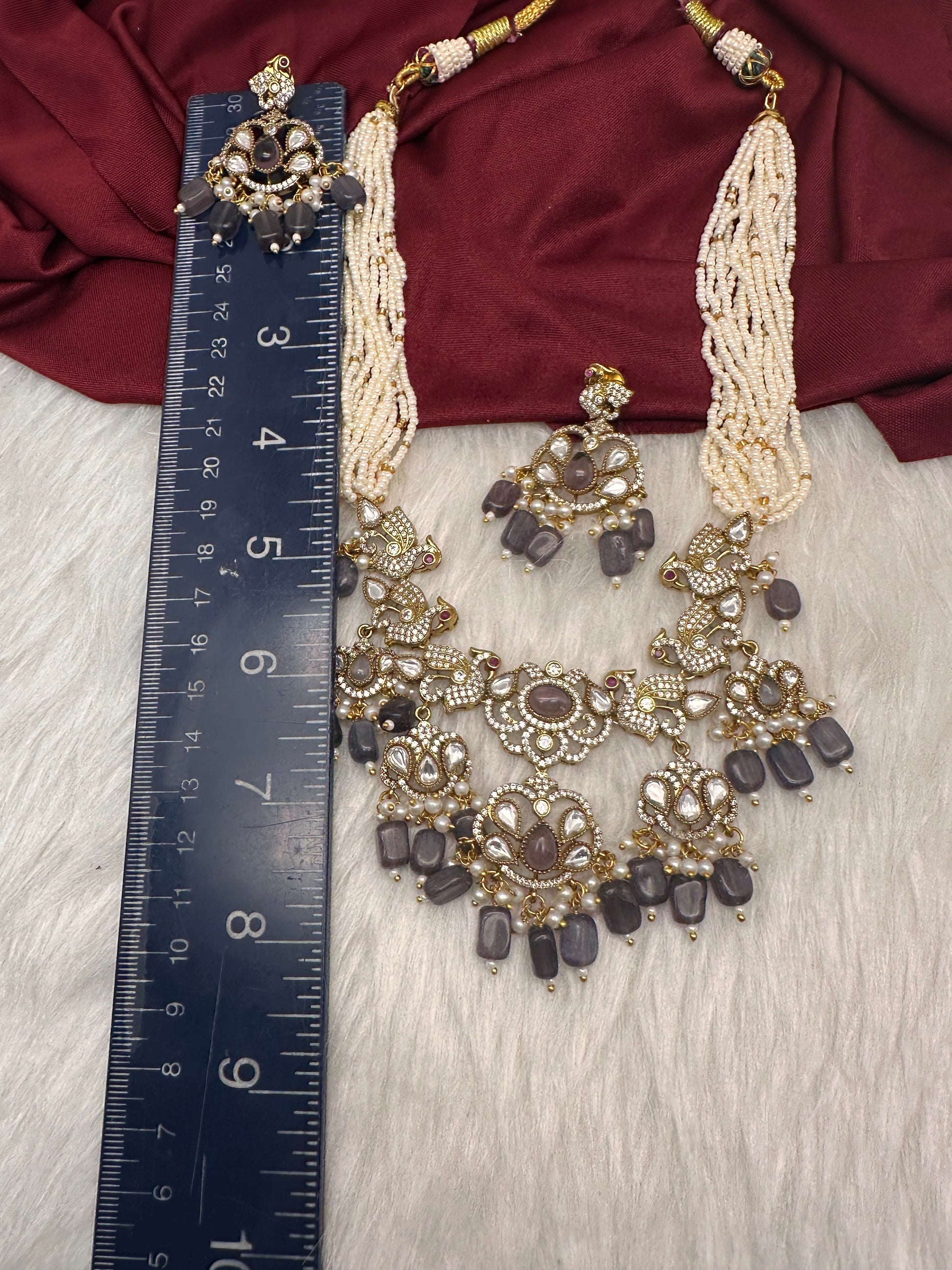 Kundan Peacock Pearls Beads Color Stone Necklace - Purple