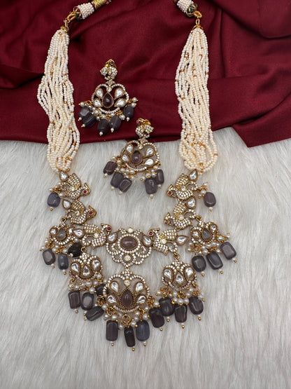 Kundan Peacock Pearls Beads Color Stone Necklace - Purple