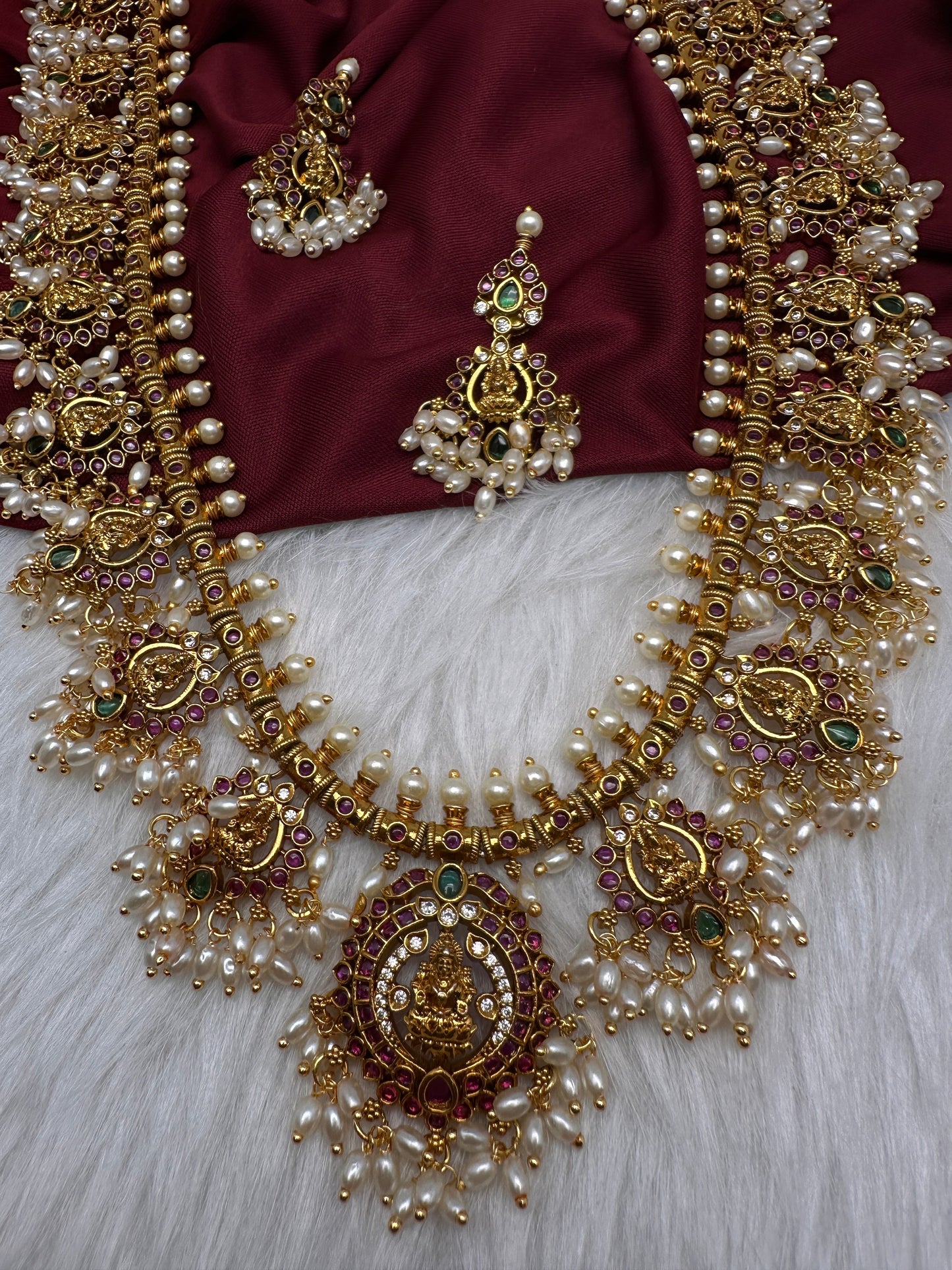 Kempu Goddess Lakshmi Rice Pearls Long Guttapusalu Necklace