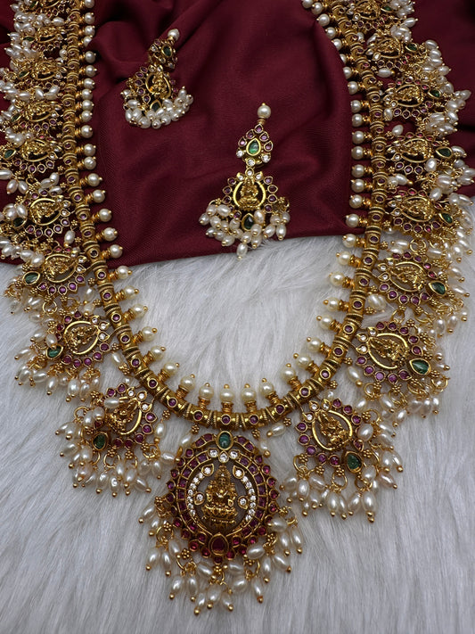 Kempu Goddess Lakshmi Rice Pearls Long Guttapusalu Necklace