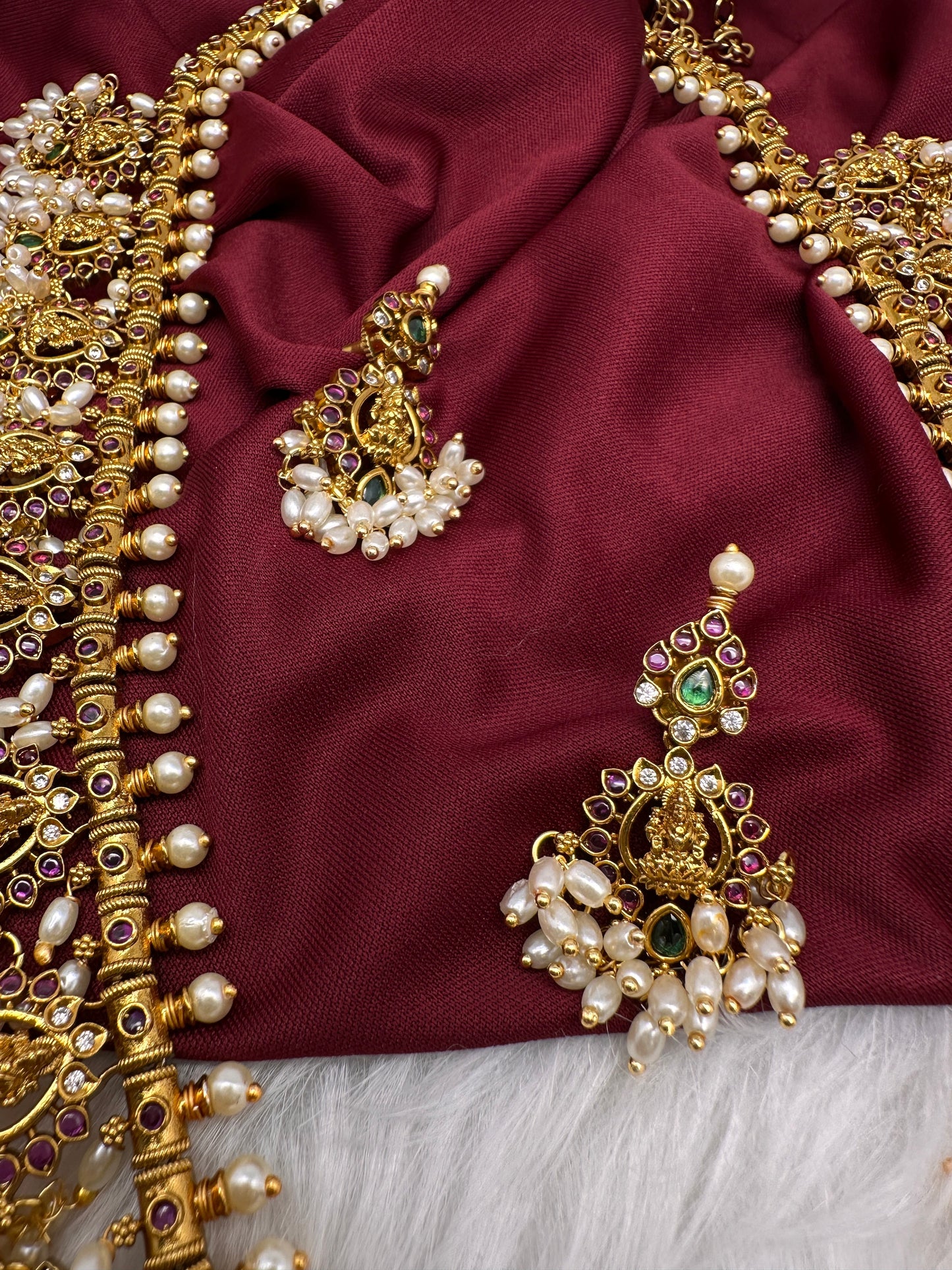 Kempu Goddess Lakshmi Rice Pearls Long Guttapusalu Necklace