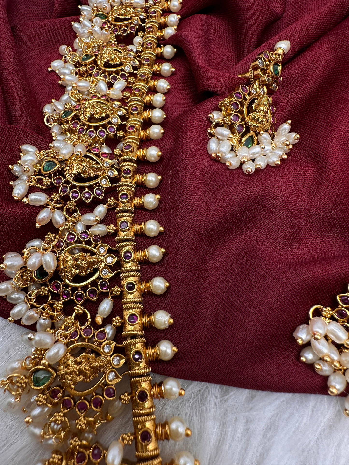 Kempu Goddess Lakshmi Rice Pearls Long Guttapusalu Necklace