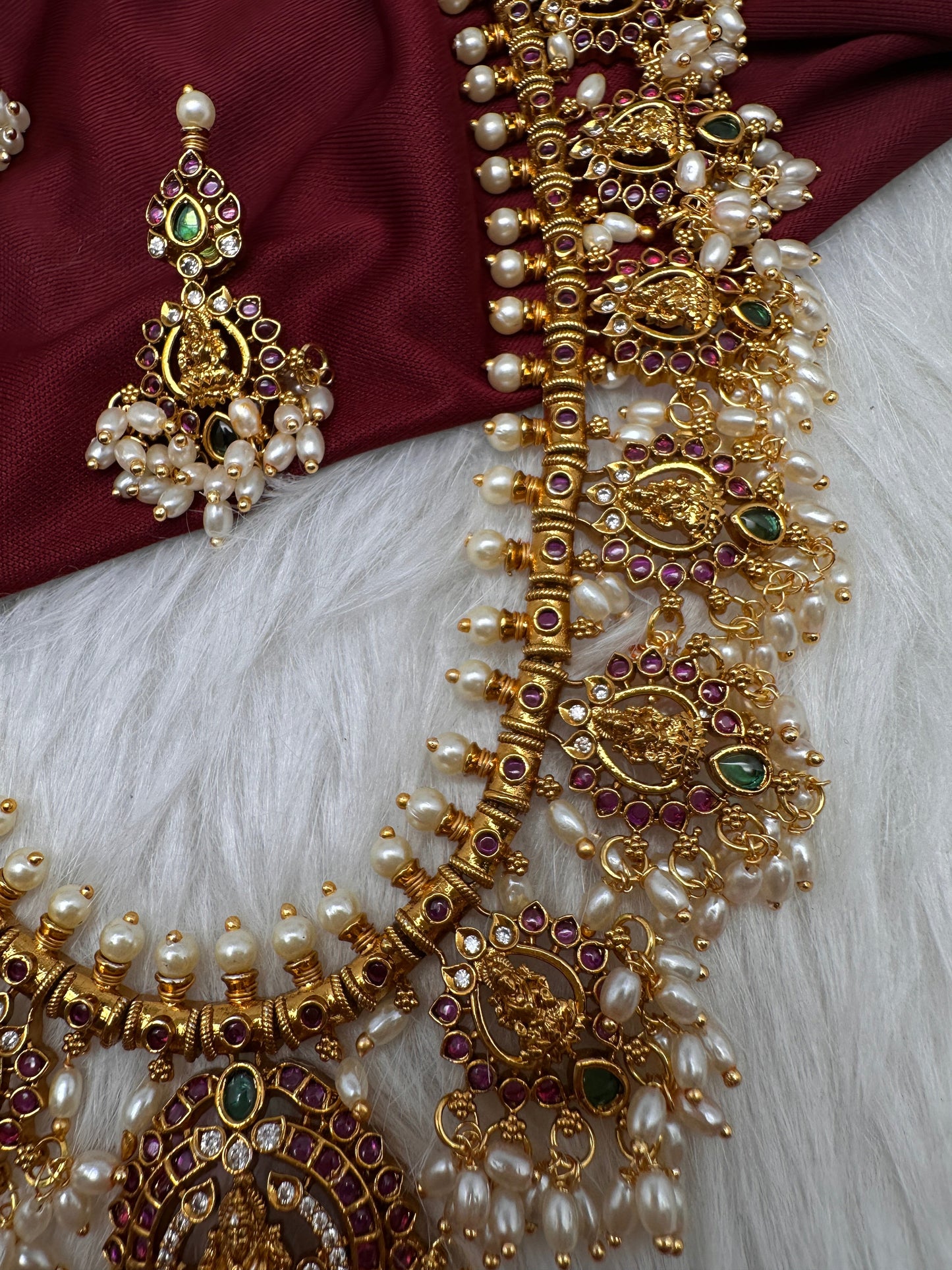 Kempu Goddess Lakshmi Rice Pearls Long Guttapusalu Necklace