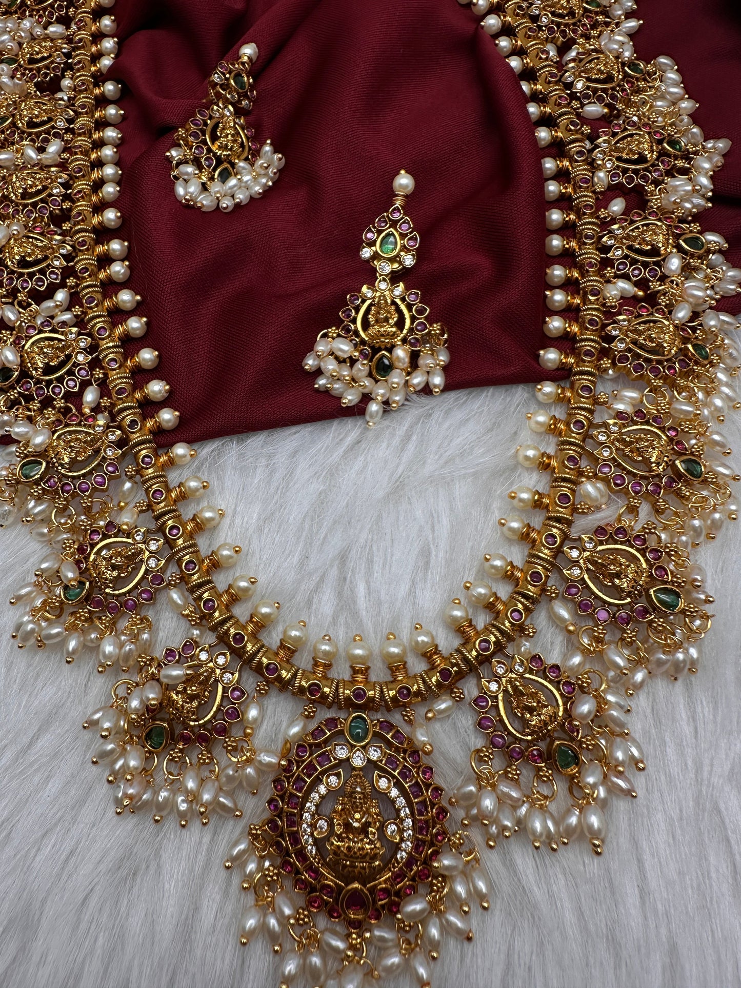 Kempu Goddess Lakshmi Rice Pearls Long Guttapusalu Necklace