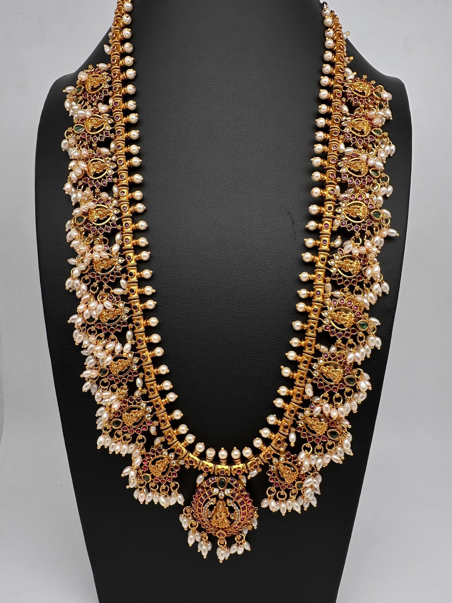 Kempu Goddess Lakshmi Rice Pearls Long Guttapusalu Necklace