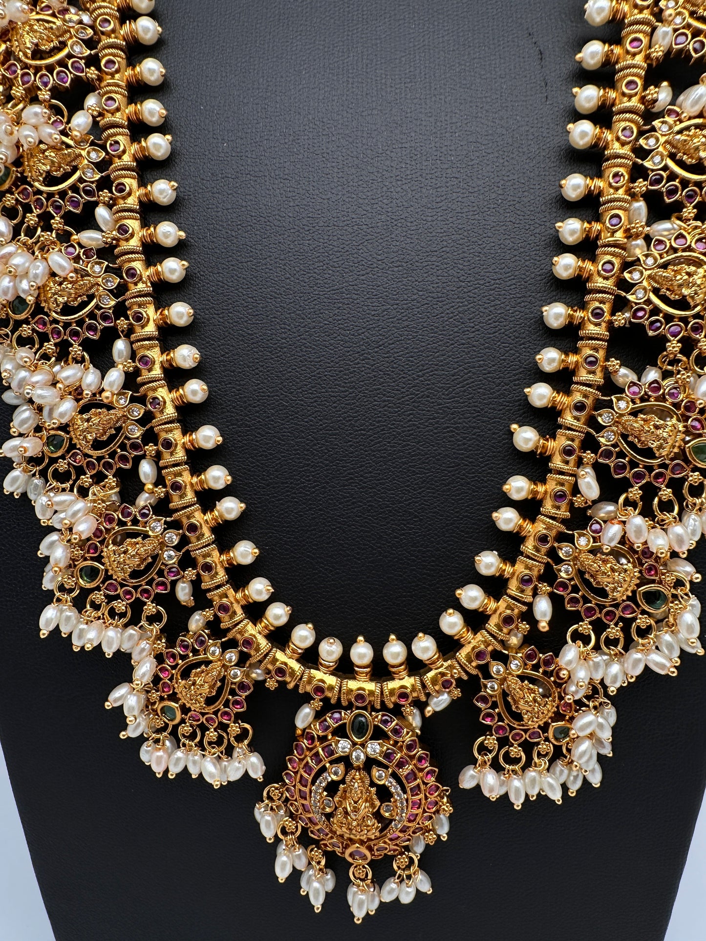 Kempu Goddess Lakshmi Rice Pearls Long Guttapusalu Necklace