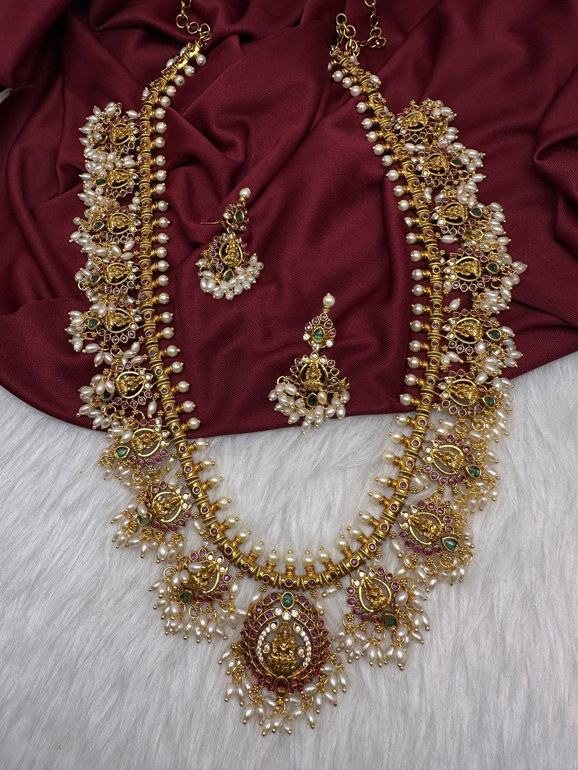 Kempu Goddess Lakshmi Rice Pearls Long Guttapusalu Necklace
