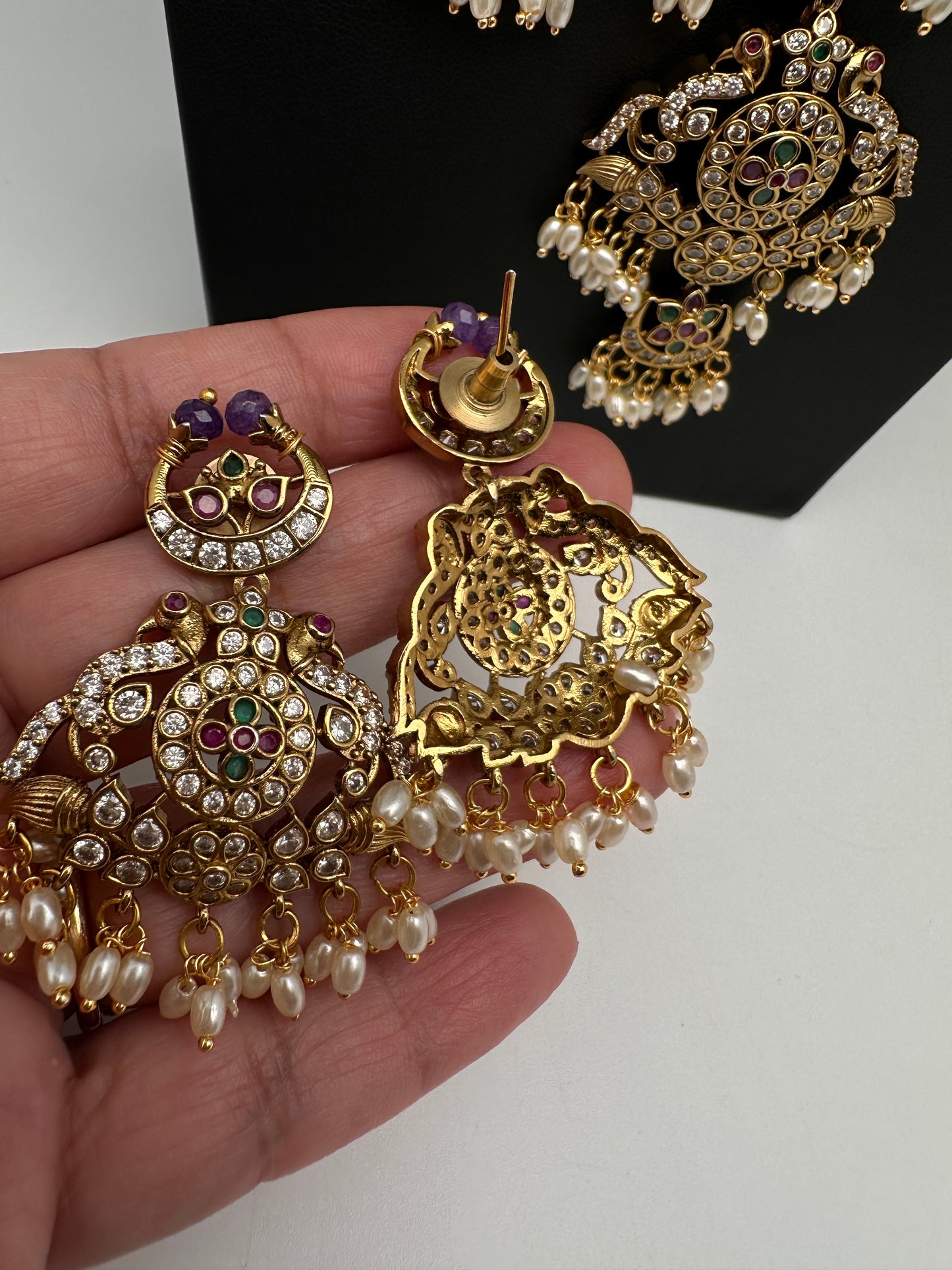 CZ Peacock Purple Rice Pearls Long Guttapusalu Necklace