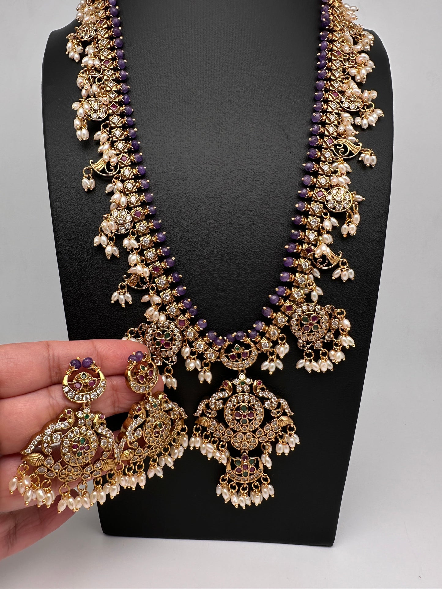 CZ Peacock Purple Rice Pearls Long Guttapusalu Necklace