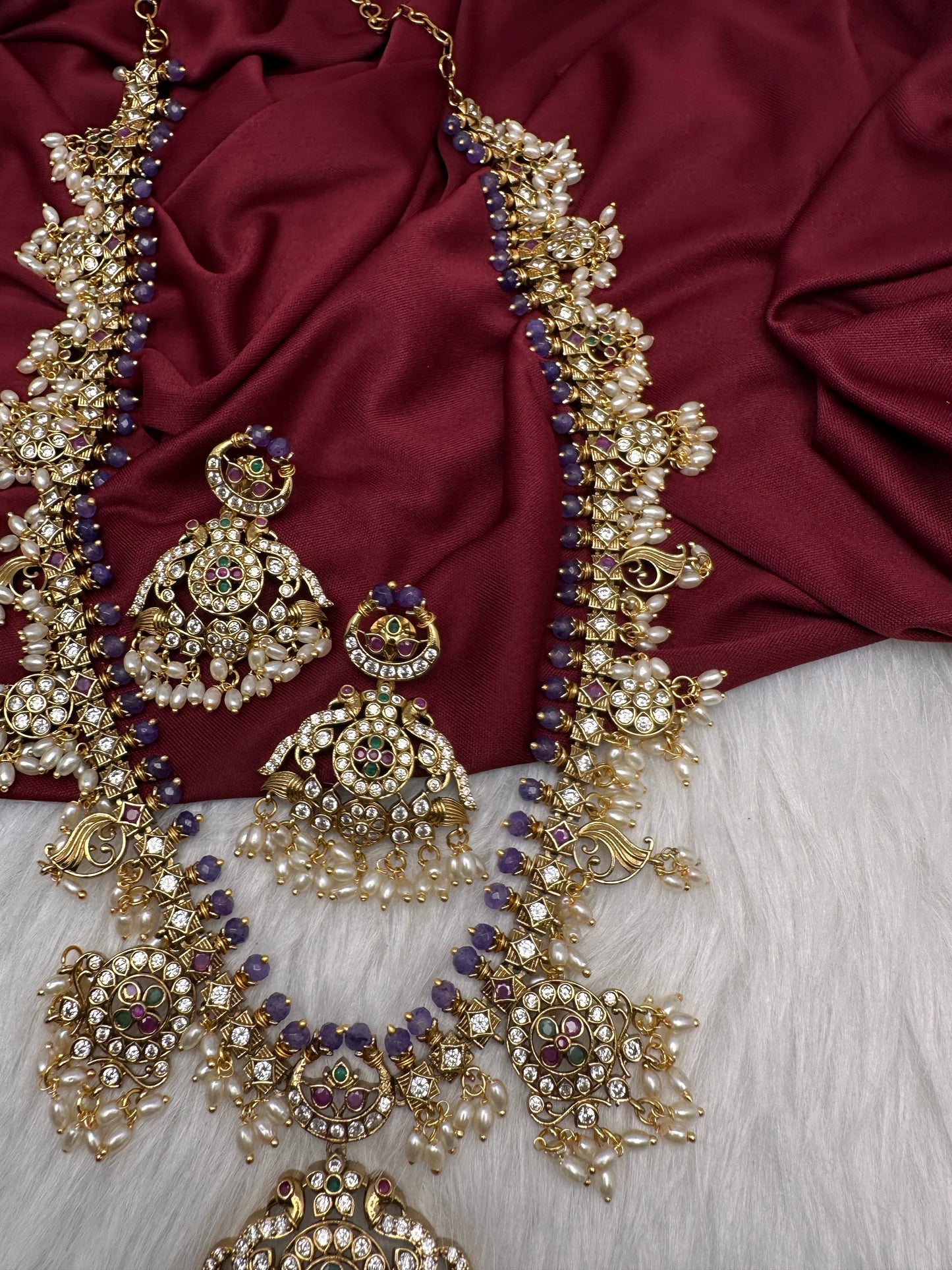 CZ Peacock Purple Rice Pearls Long Guttapusalu Necklace