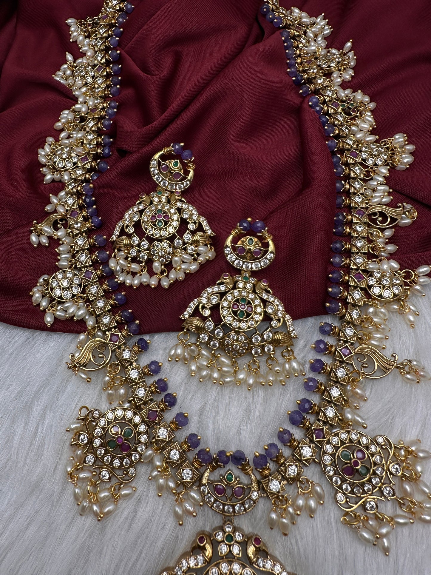 CZ Peacock Purple Rice Pearls Long Guttapusalu Necklace