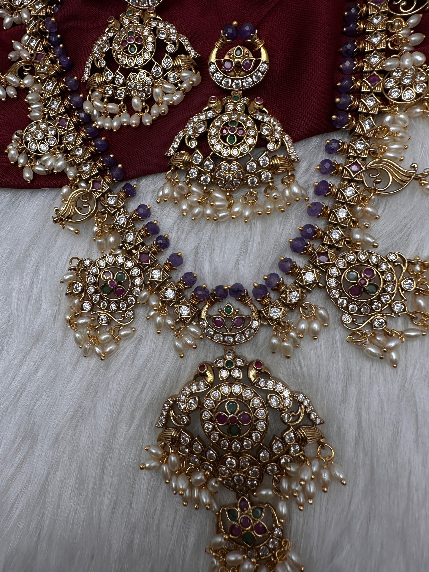 CZ Peacock Purple Rice Pearls Long Guttapusalu Necklace