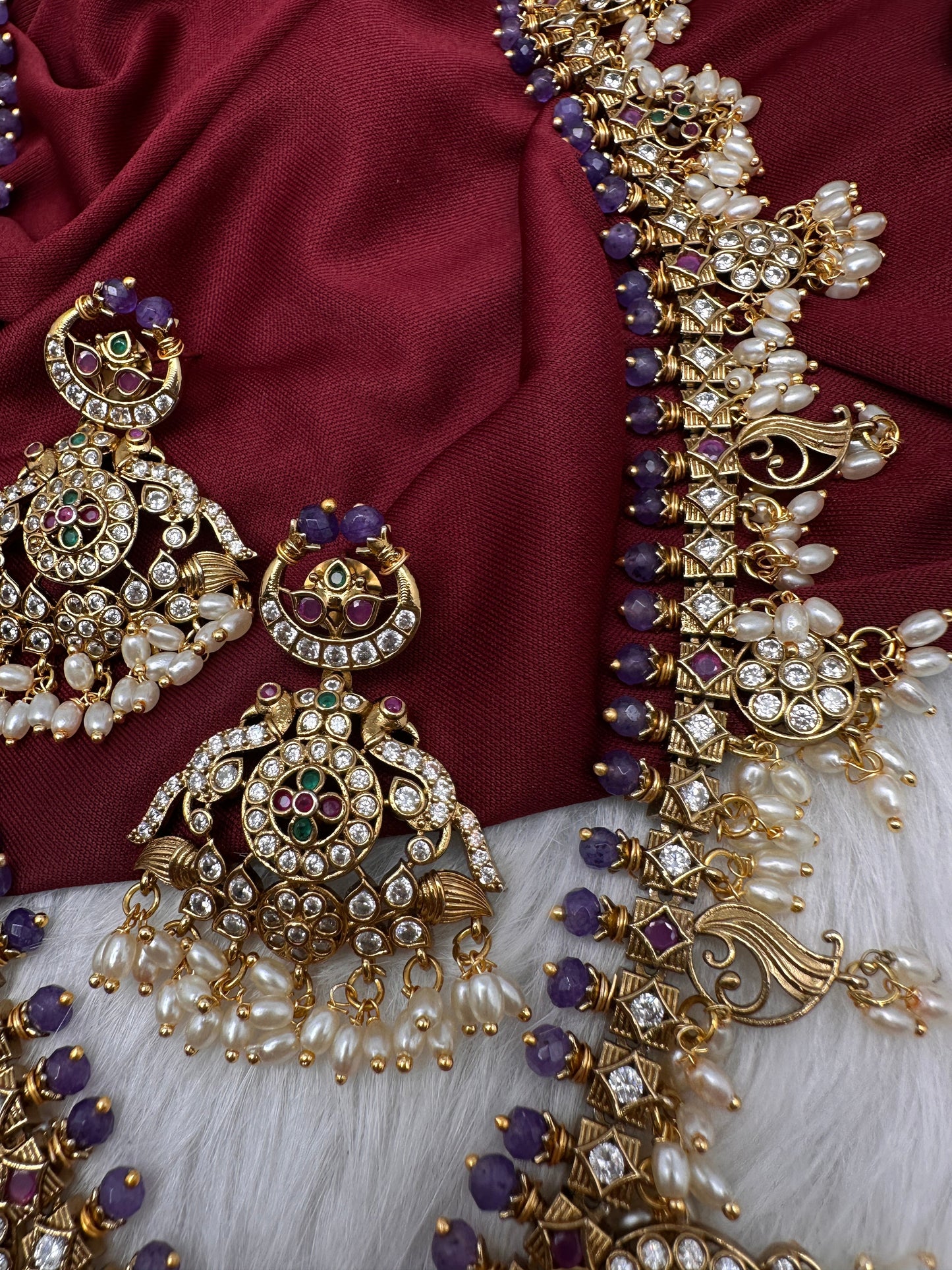 CZ Peacock Purple Rice Pearls Long Guttapusalu Necklace