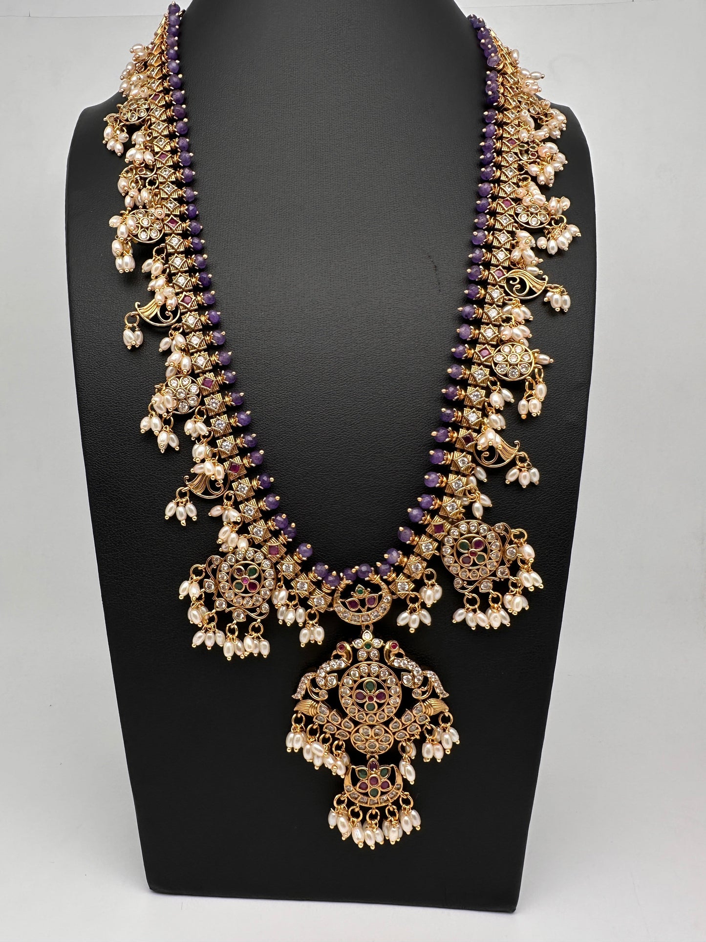 CZ Peacock Purple Rice Pearls Long Guttapusalu Necklace
